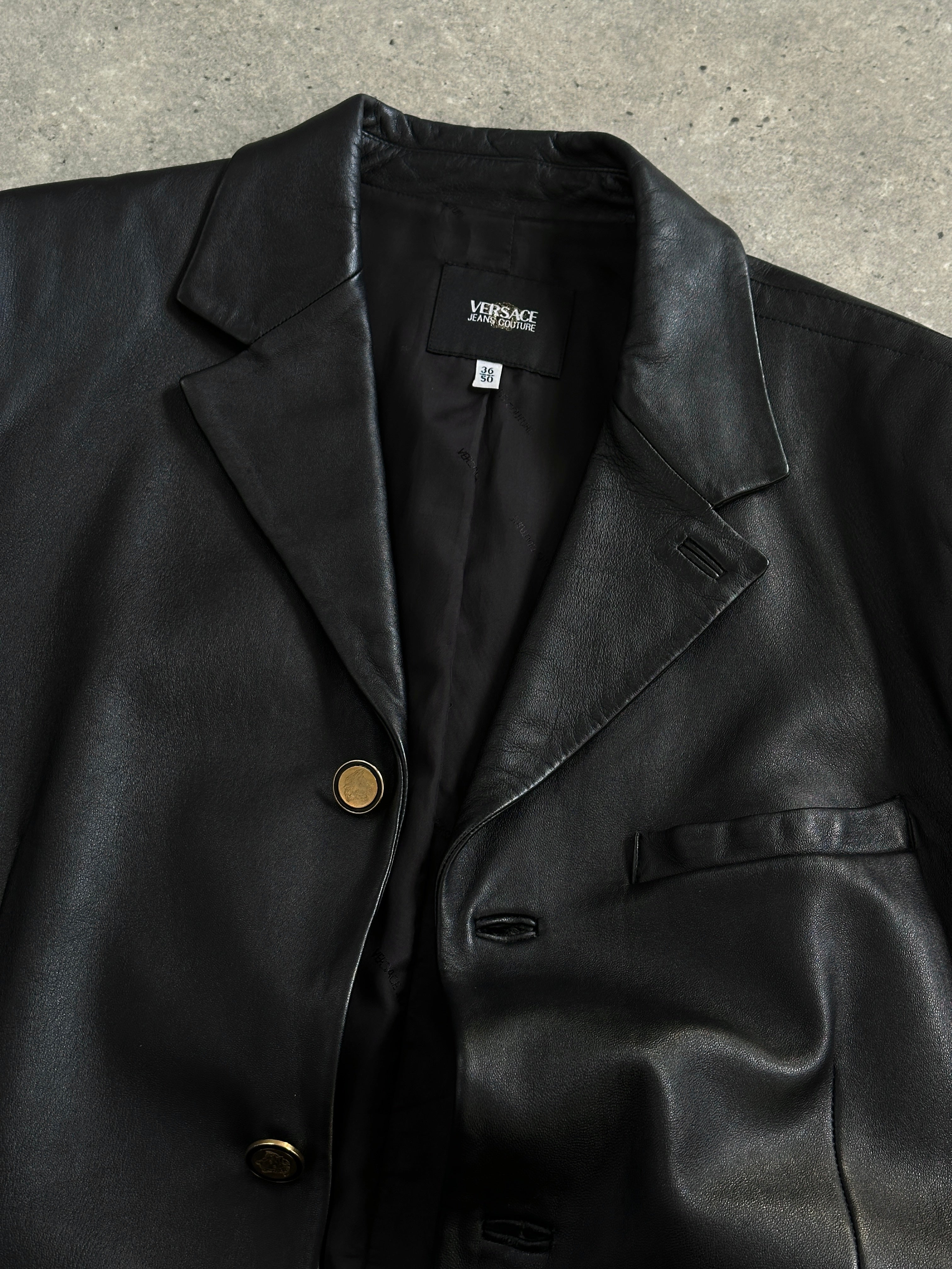 Versace Jeans Couture 1990s leather blazer jacket with bespoke buttons, stylish and tailored for a classic look, size large.