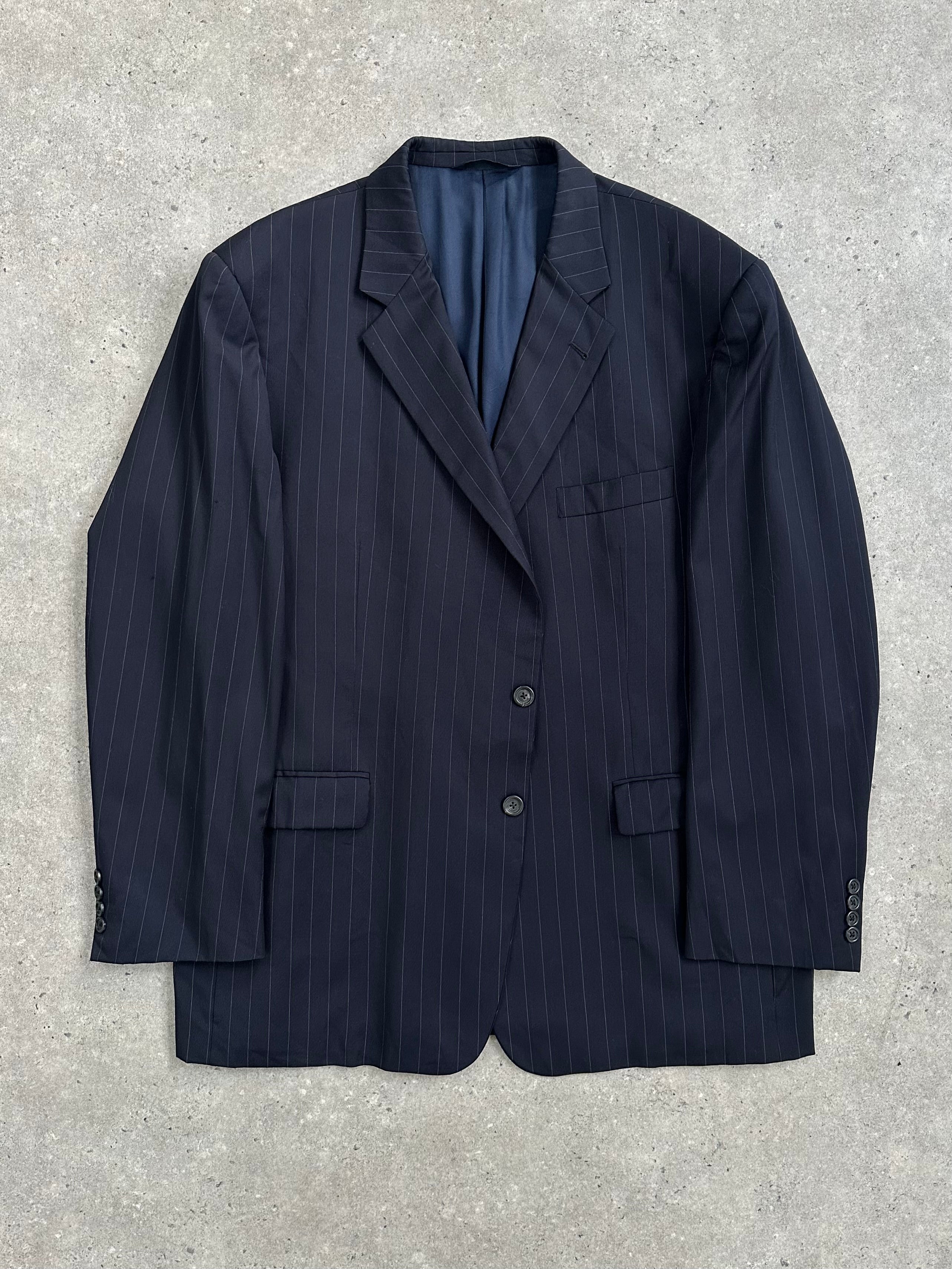 Burberry London 2000s wool stripe single-breasted blazer in size 48R/XXL, featuring classic Burberry check pattern and tailored fit.