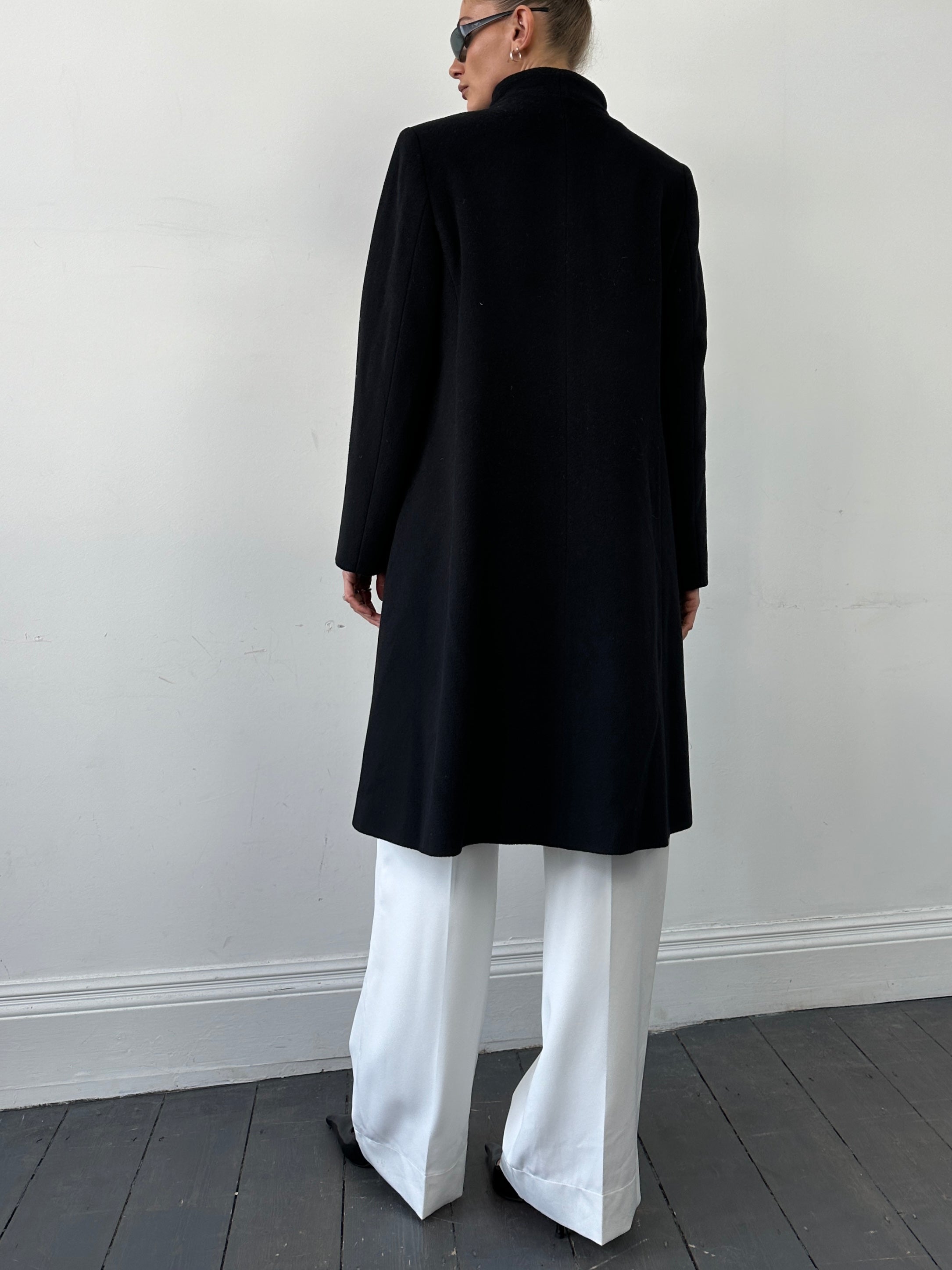 Cinzia Rocca minimal high neck pure wool coat in neutral color, showcasing its sleek design and tailored fit.