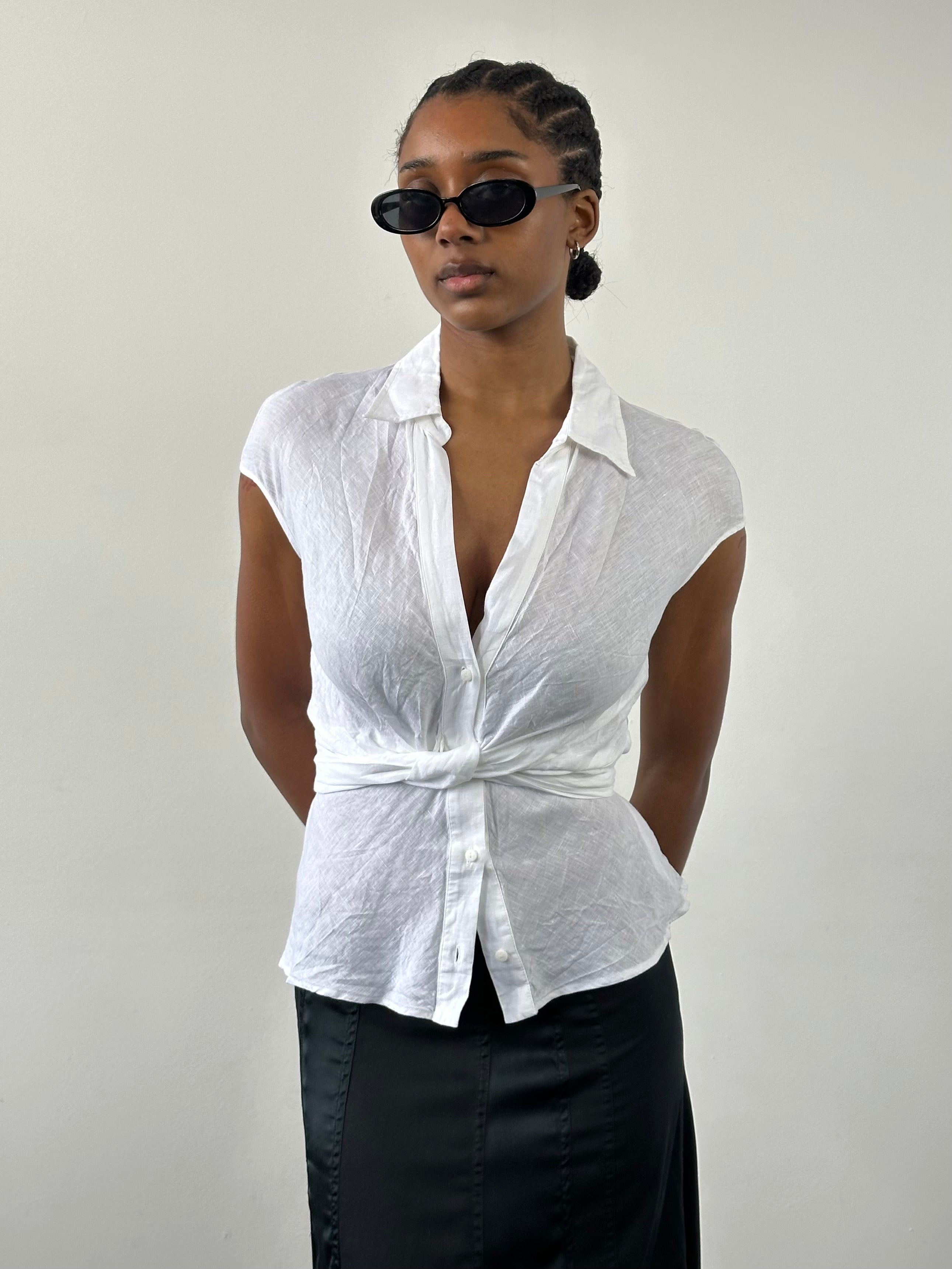 Max Mara 2000s pure linen sleeveless wrap shirt in S/M, displayed with front view and soft natural fabric texture.