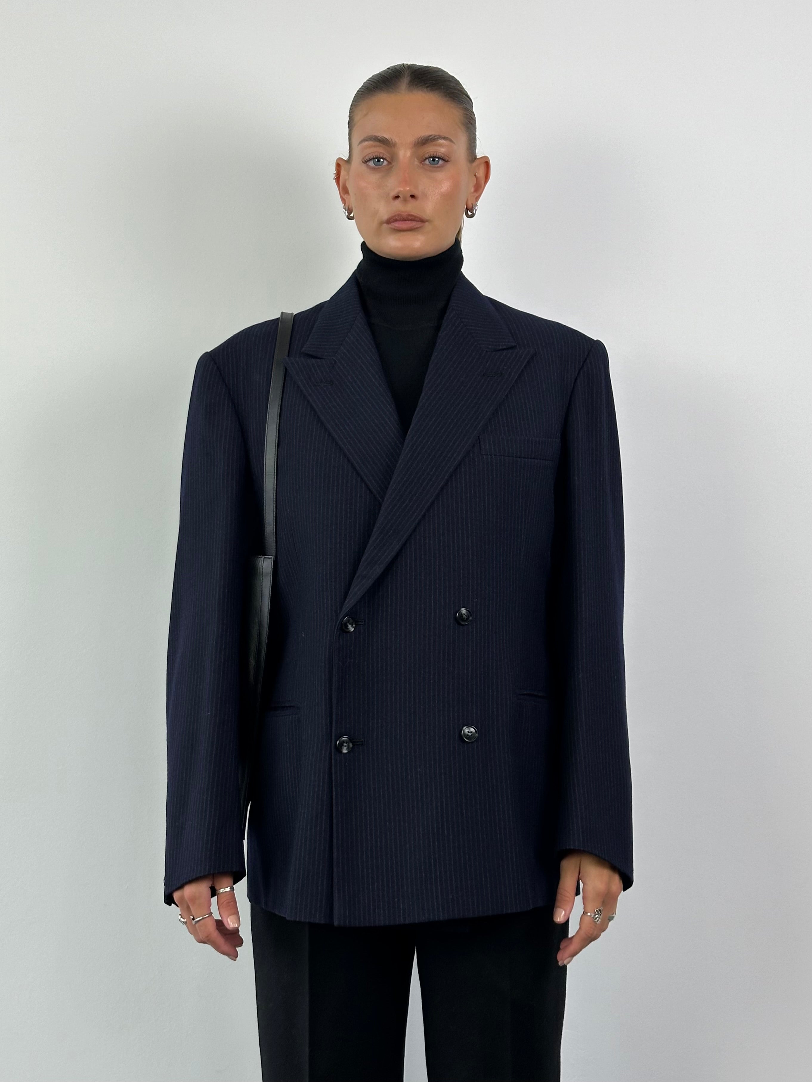 Vintage brushed wool stripe blazer, boxy fit, double-breasted style in size 44R/XL, showcasing classic tailored design.