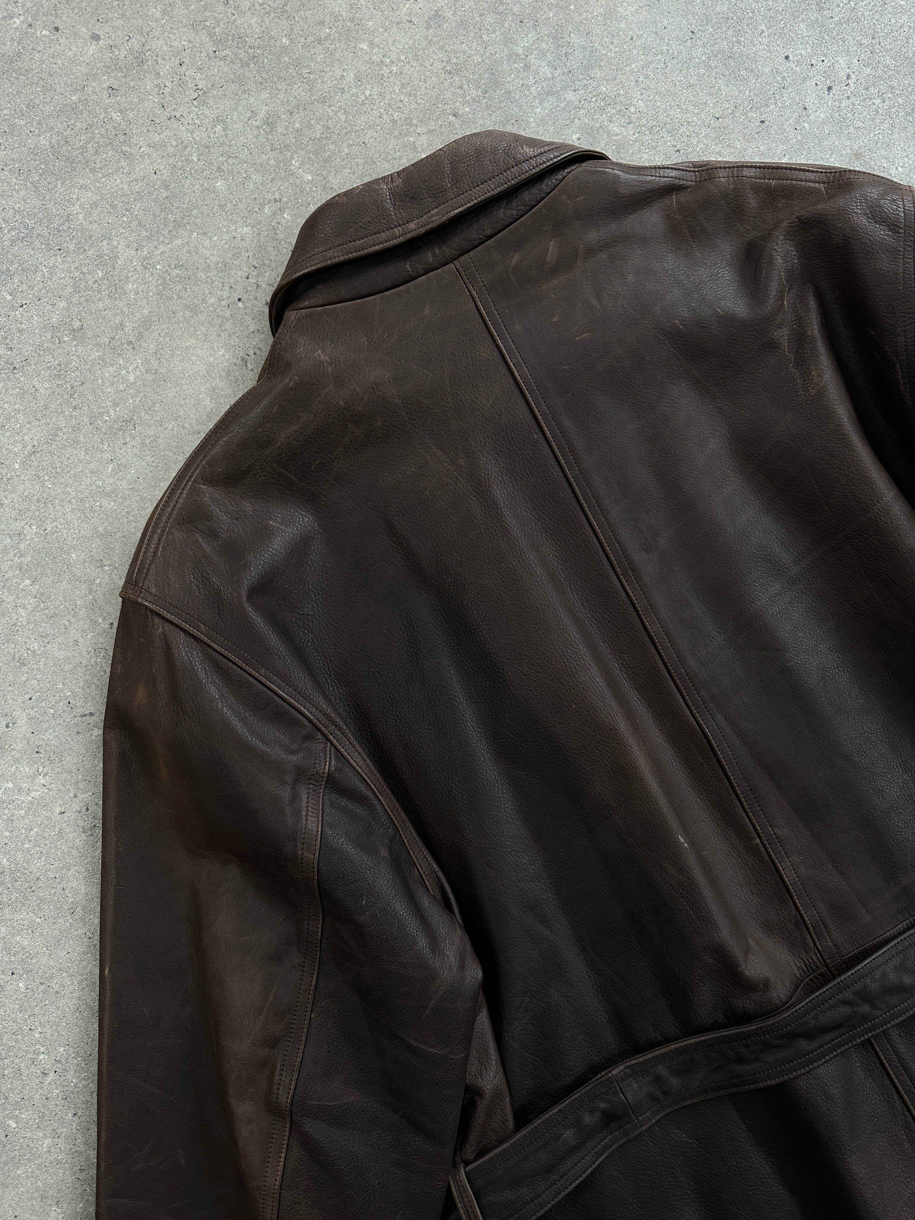 Vintage Italian 1990s belted leather jacket, XL size, with aged brown leather and classic design details.