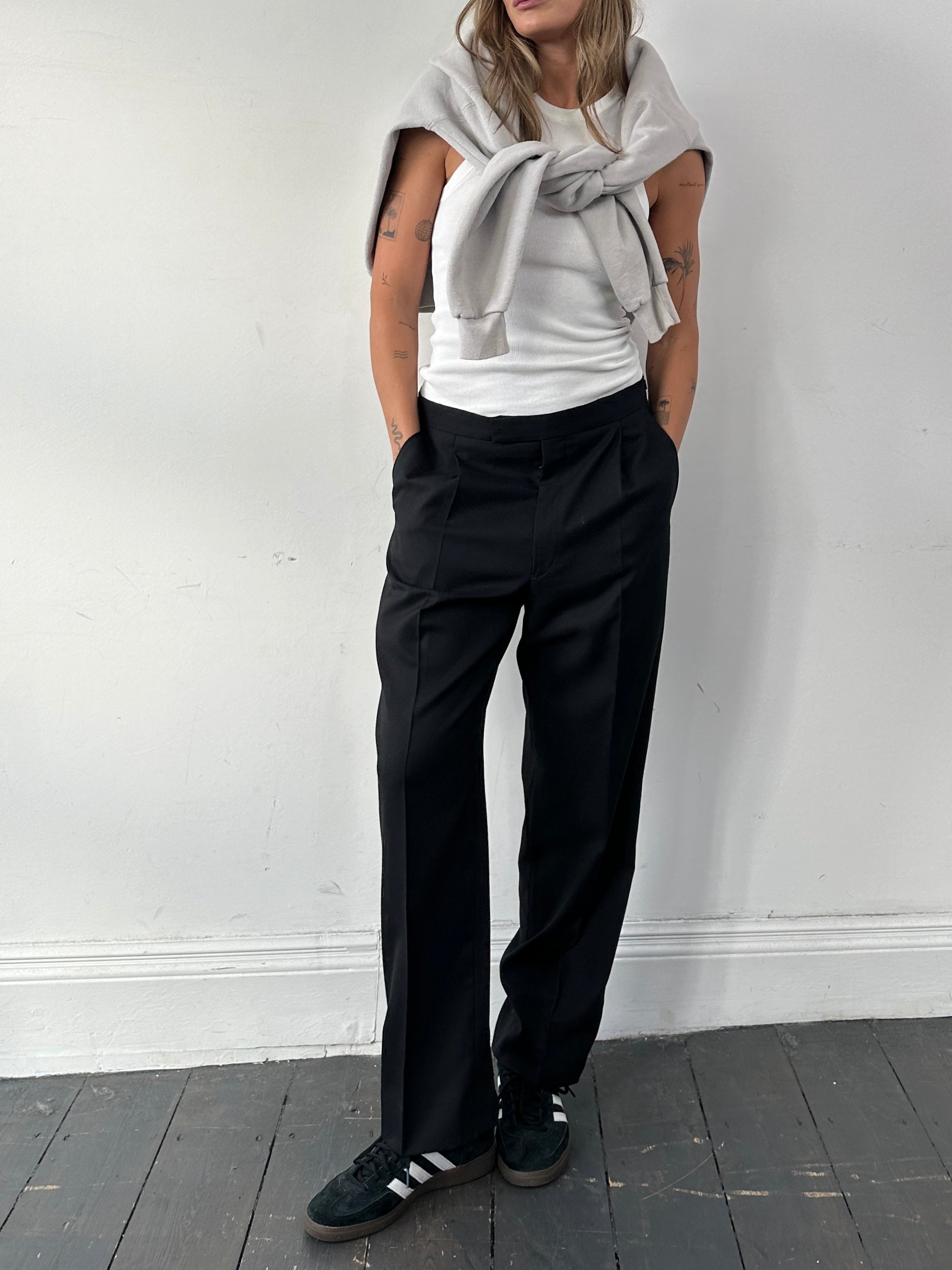 Vintage brand vintage tuxedo pure wool straight leg trousers, size W30-32, shown on model with tailored fit and classic style.