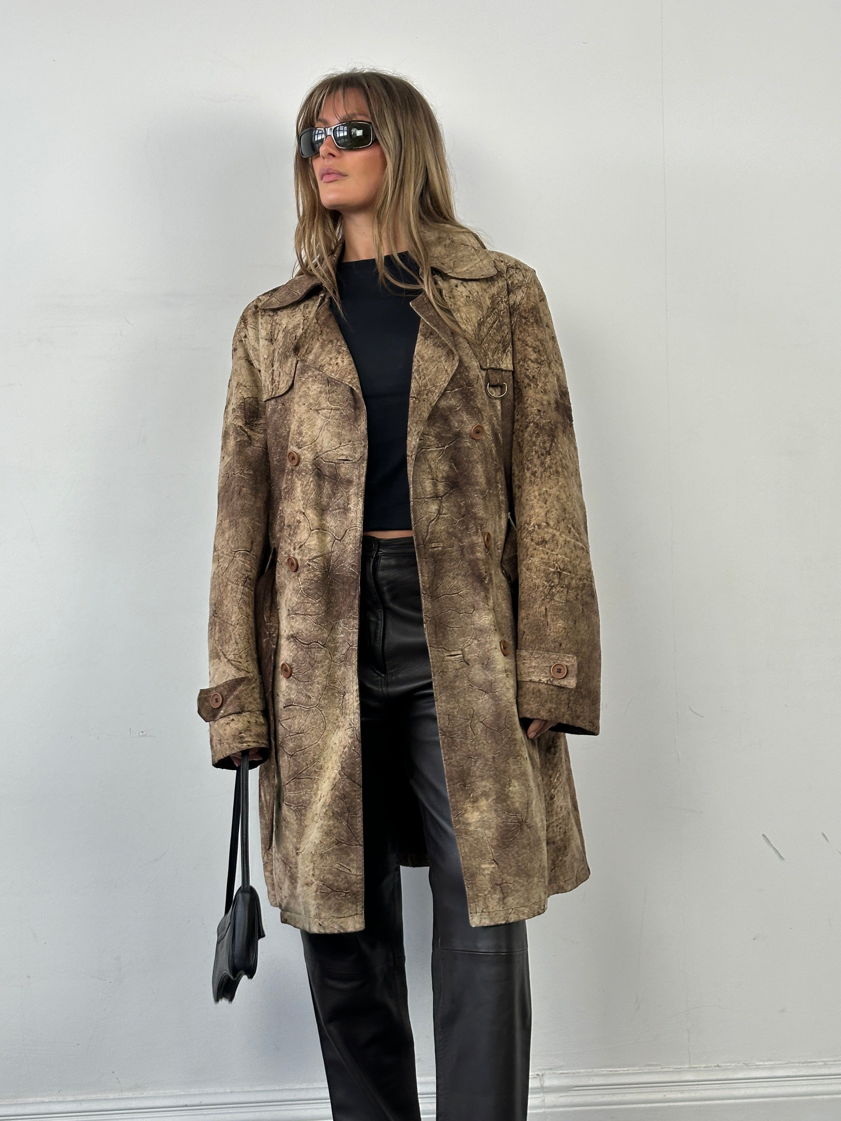 Vintage Italian suede leather textured belted trench coat in size L/XL, featuring classic design and rich brown finish.
