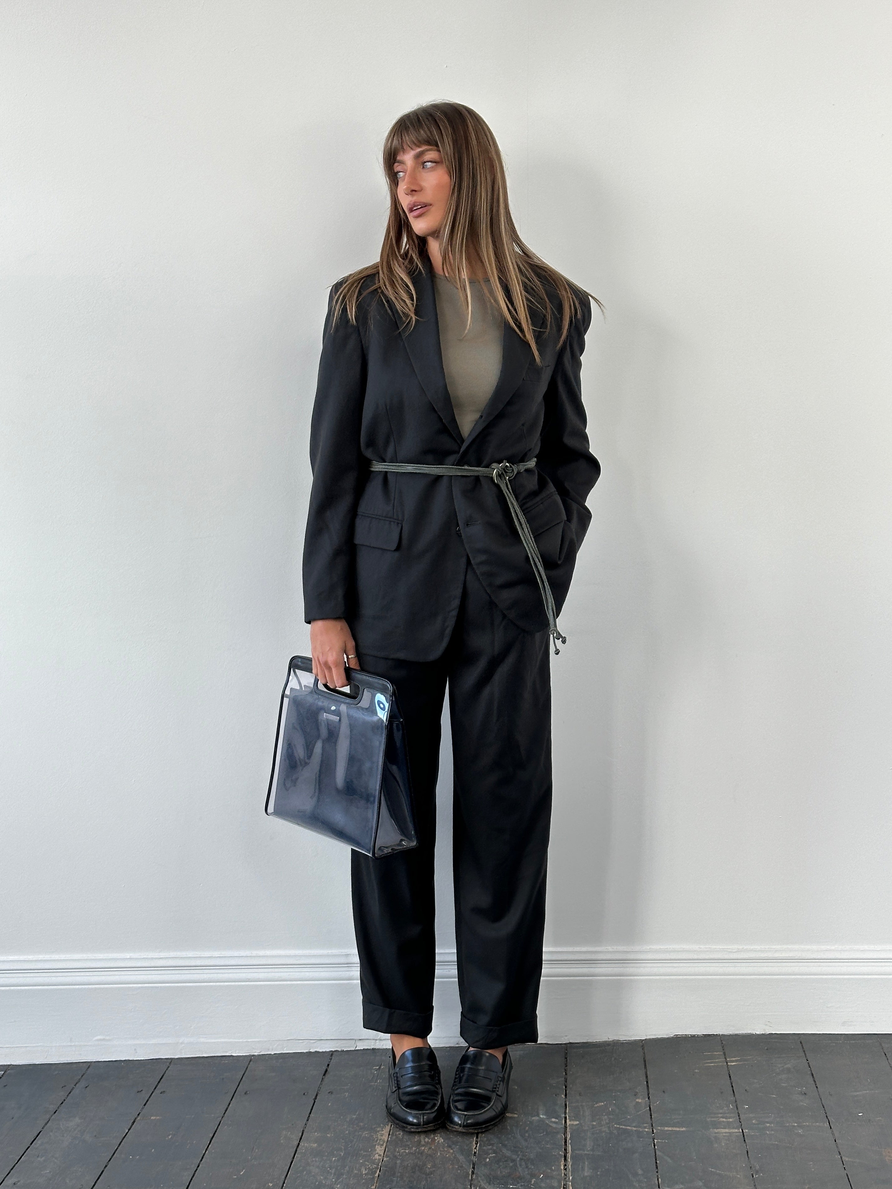 Japanese vintage 1990s pure wool straight leg suit in size 40R/W26, featuring classic tailored design and neutral color.