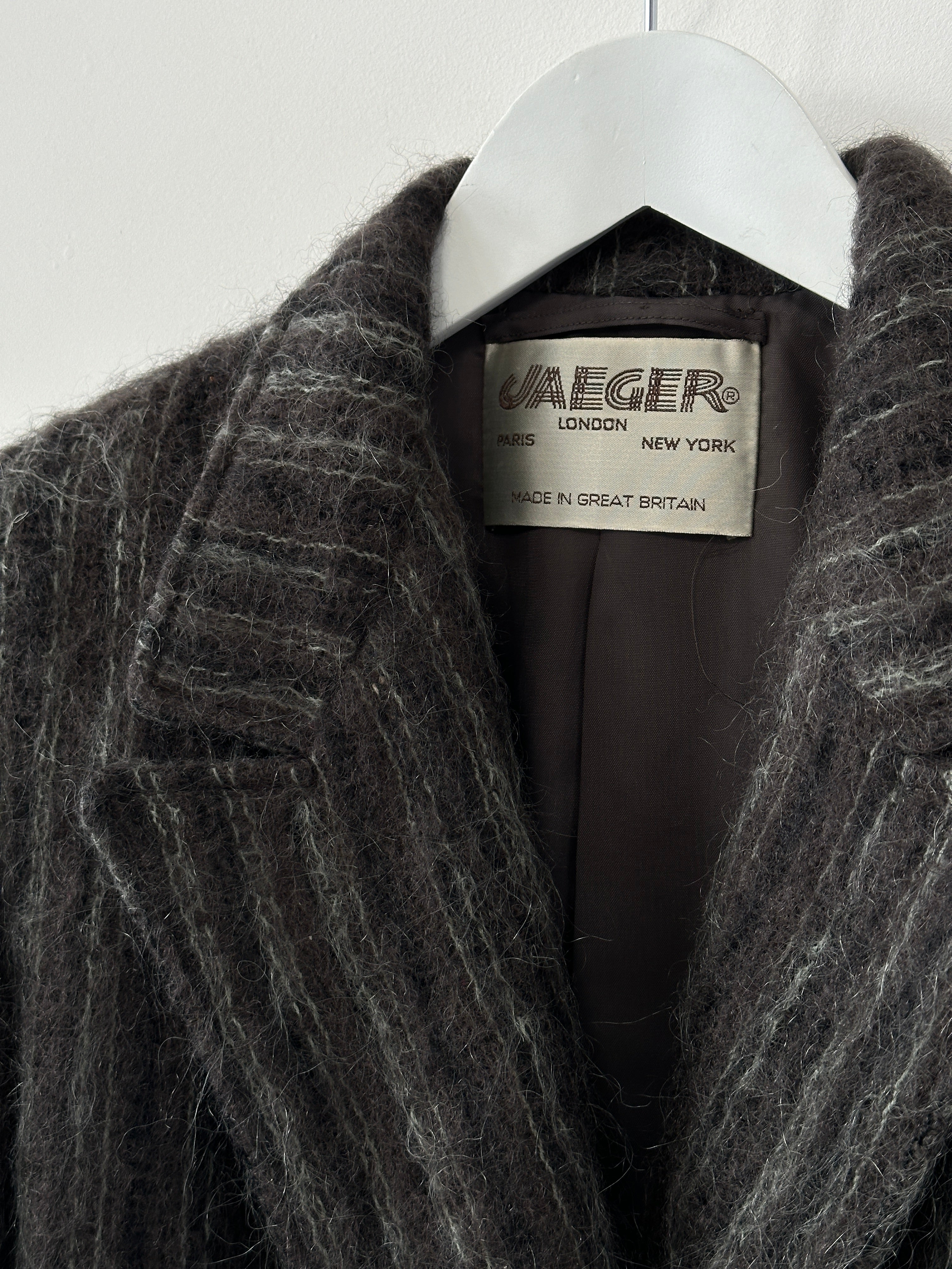 Jaeger mohair fuzzy stripe double-breasted coat in size M, featuring a soft textured fabric and stylish design.