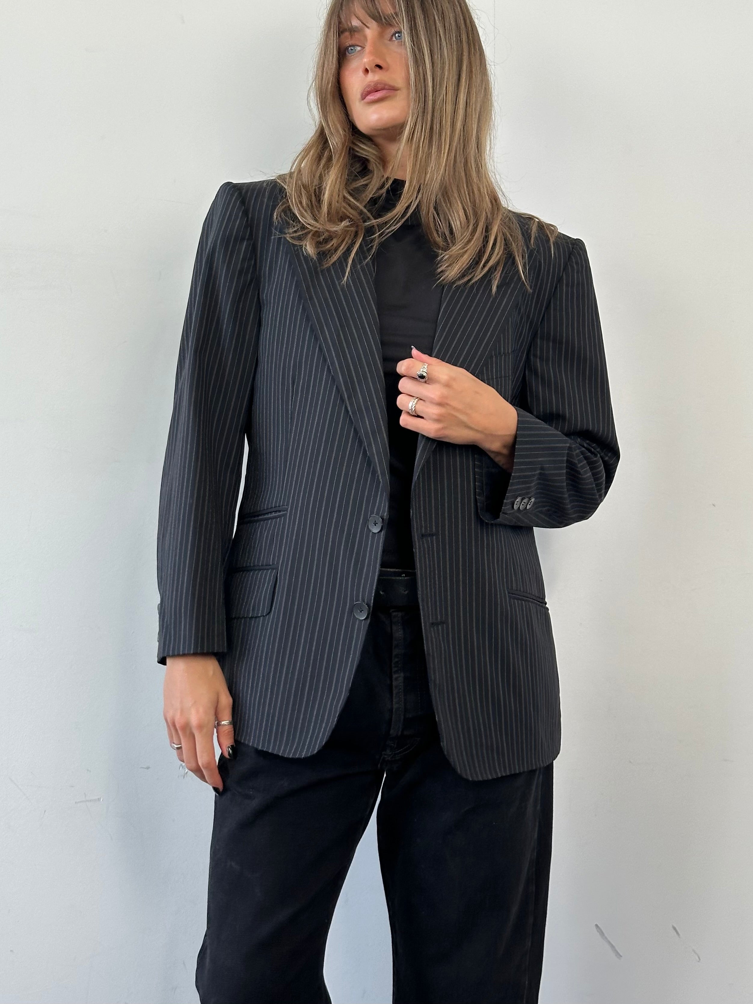 Gucci wool stripe dagger collar blazer in navy and white, tailored fit, stylish lapel, and button closure.