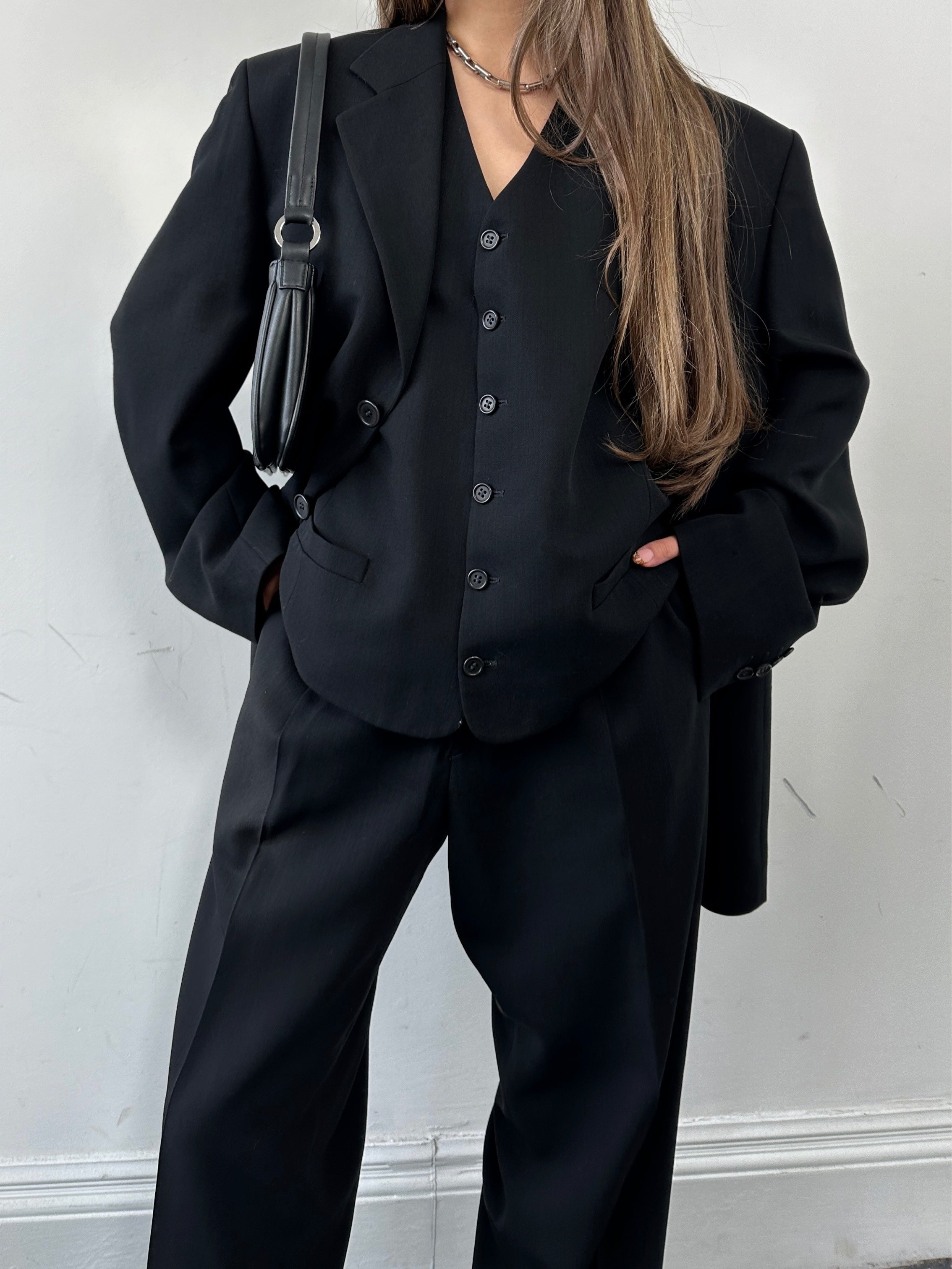 Yves Saint Laurent wool three-piece suit in size 40S/W30, featuring a tailored jacket, vest, and matching trousers.