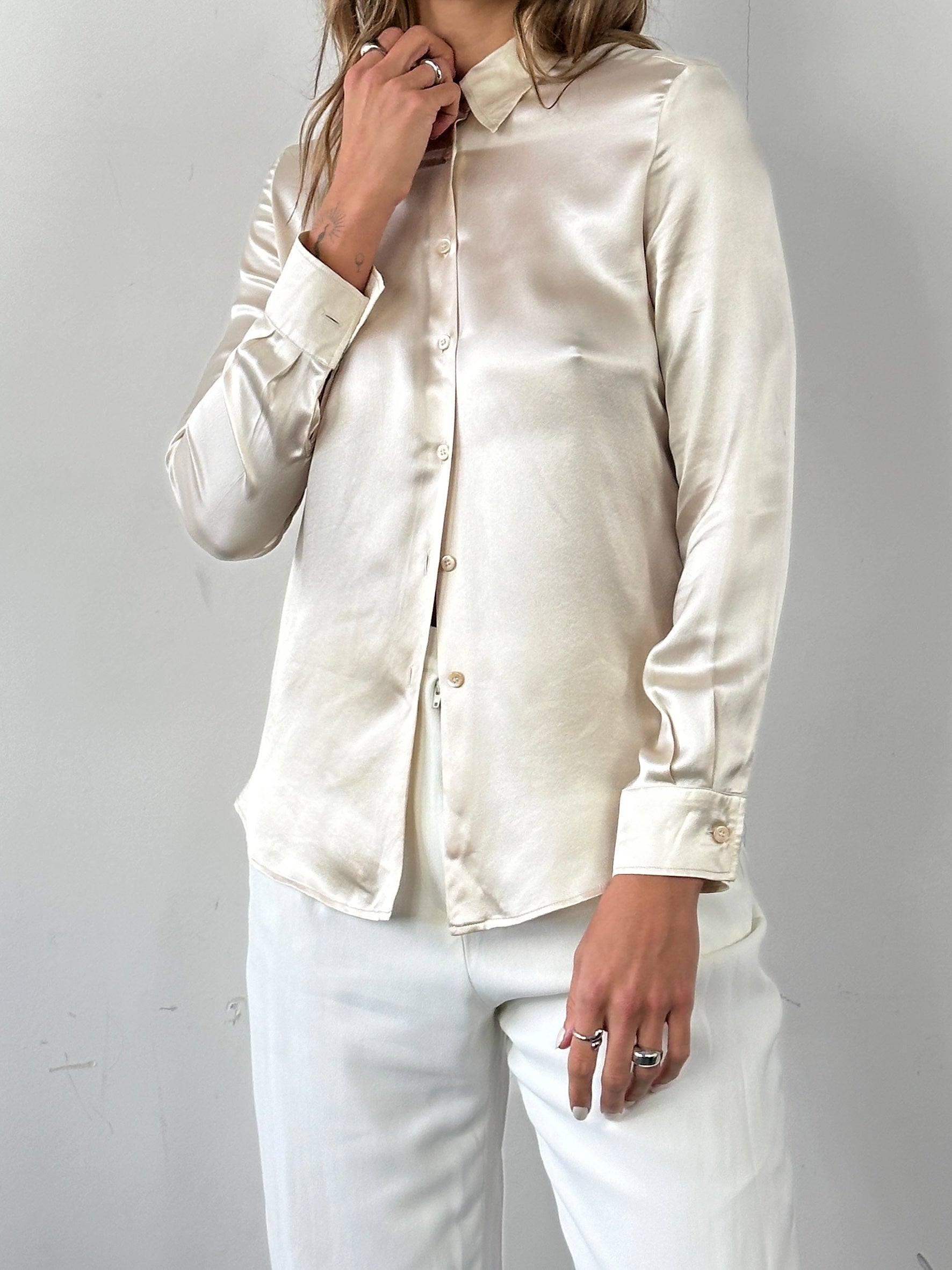 Marella Satin Fitted Shirt in size S, light blue with a sleek satin finish, tailored fit, and classic collar.