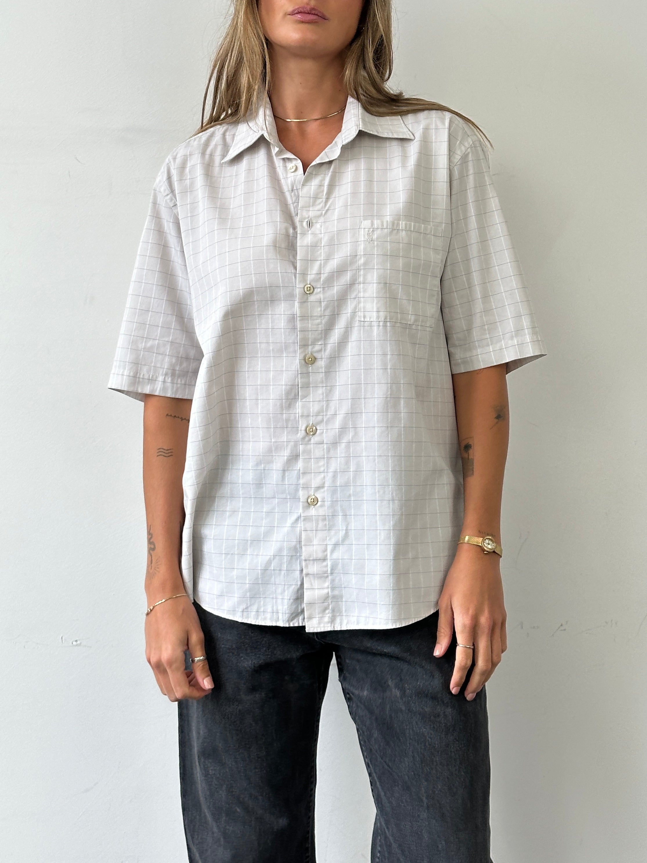 Yves Saint Laurent Pour Homme check cotton short sleeve shirt in size L with logo detail, casual men's fashion shirt.