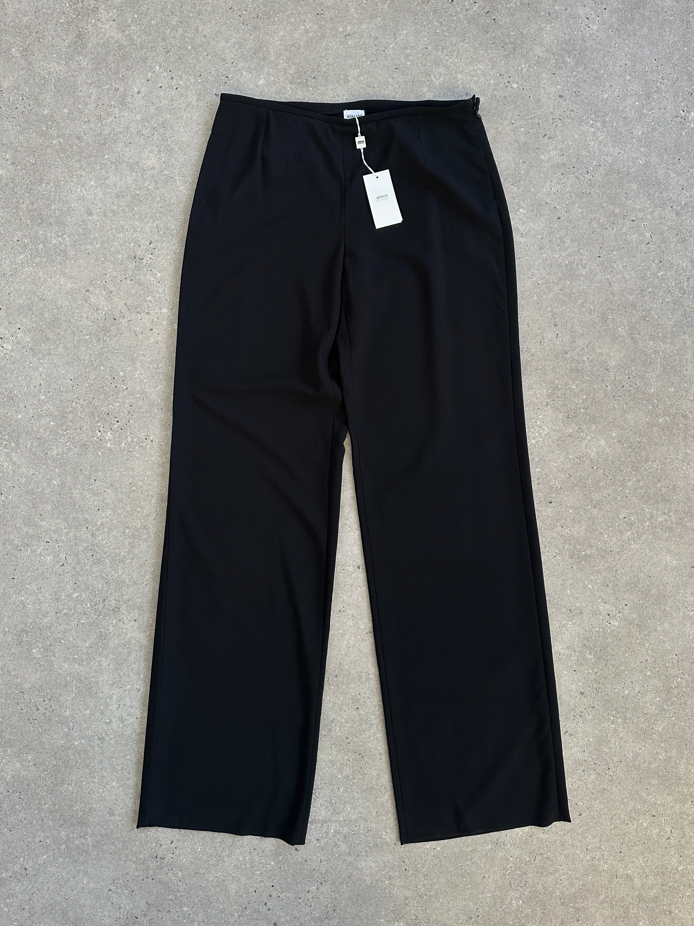 Armani Collezioni 2000s pure wool wide-leg tailored trousers in size W32, showing the classic high-waist and tailored fit.