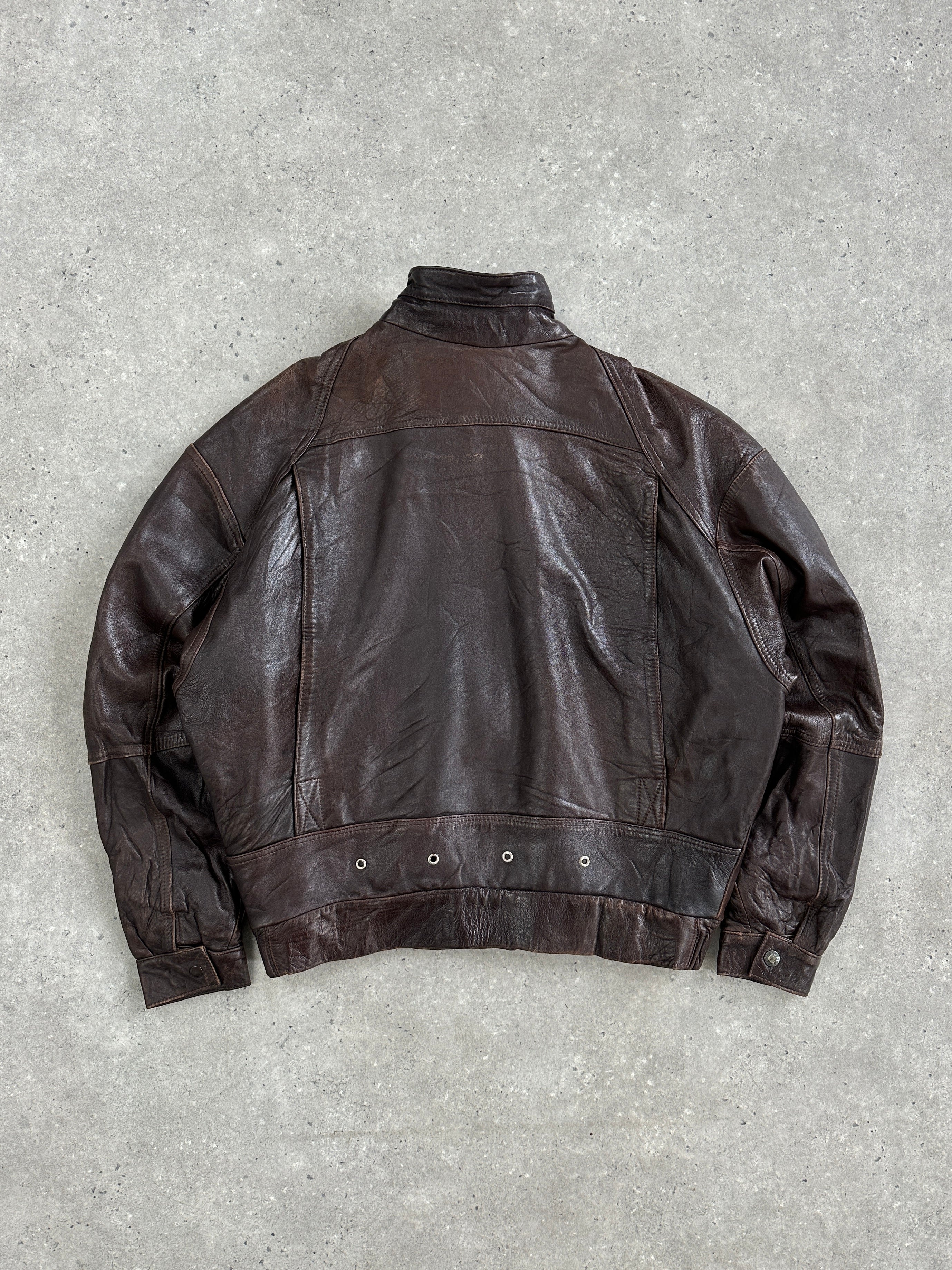 Vintage 1970s high neck leather bomber jacket in XL, featuring classic moto style and vintage leather texture.