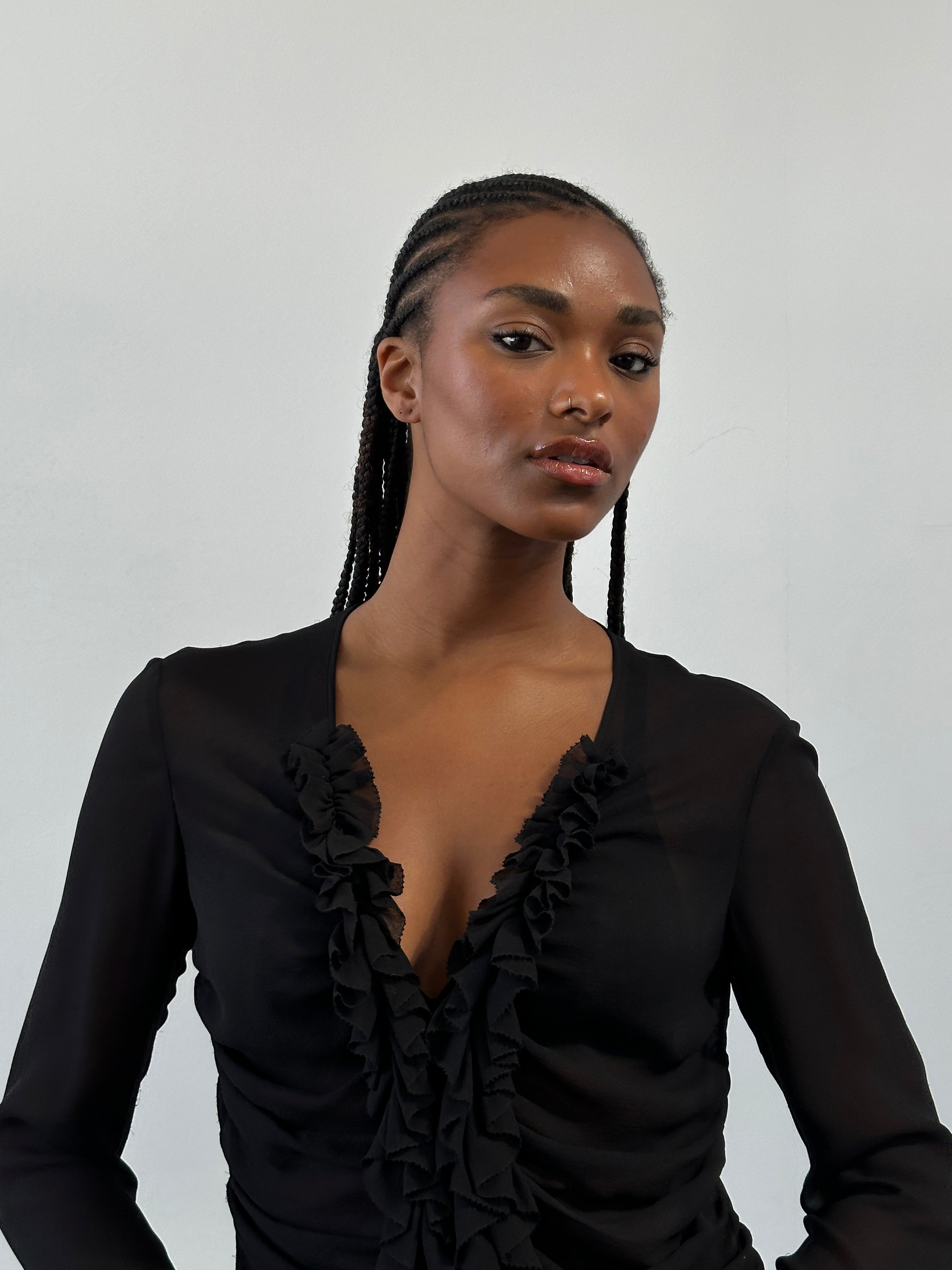 DKNY 2000s pure silk ruched shirt in size M, featuring a sleek, fitted design with gathered details and long sleeves.