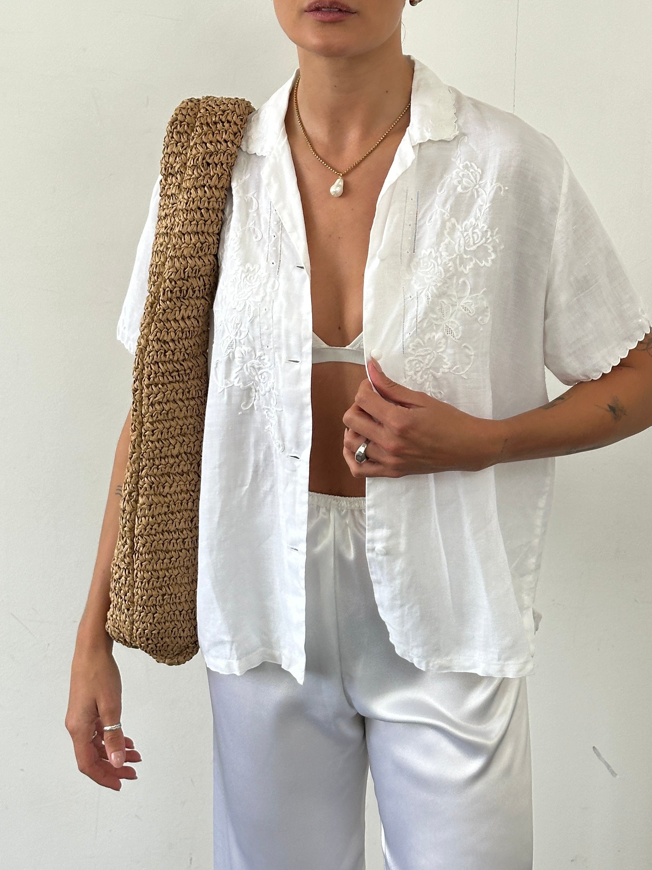Vintage Pure Linen embroidered short sleeve shirt with scalloped edge, natural light, showcasing intricate embroidery and relaxed fit.