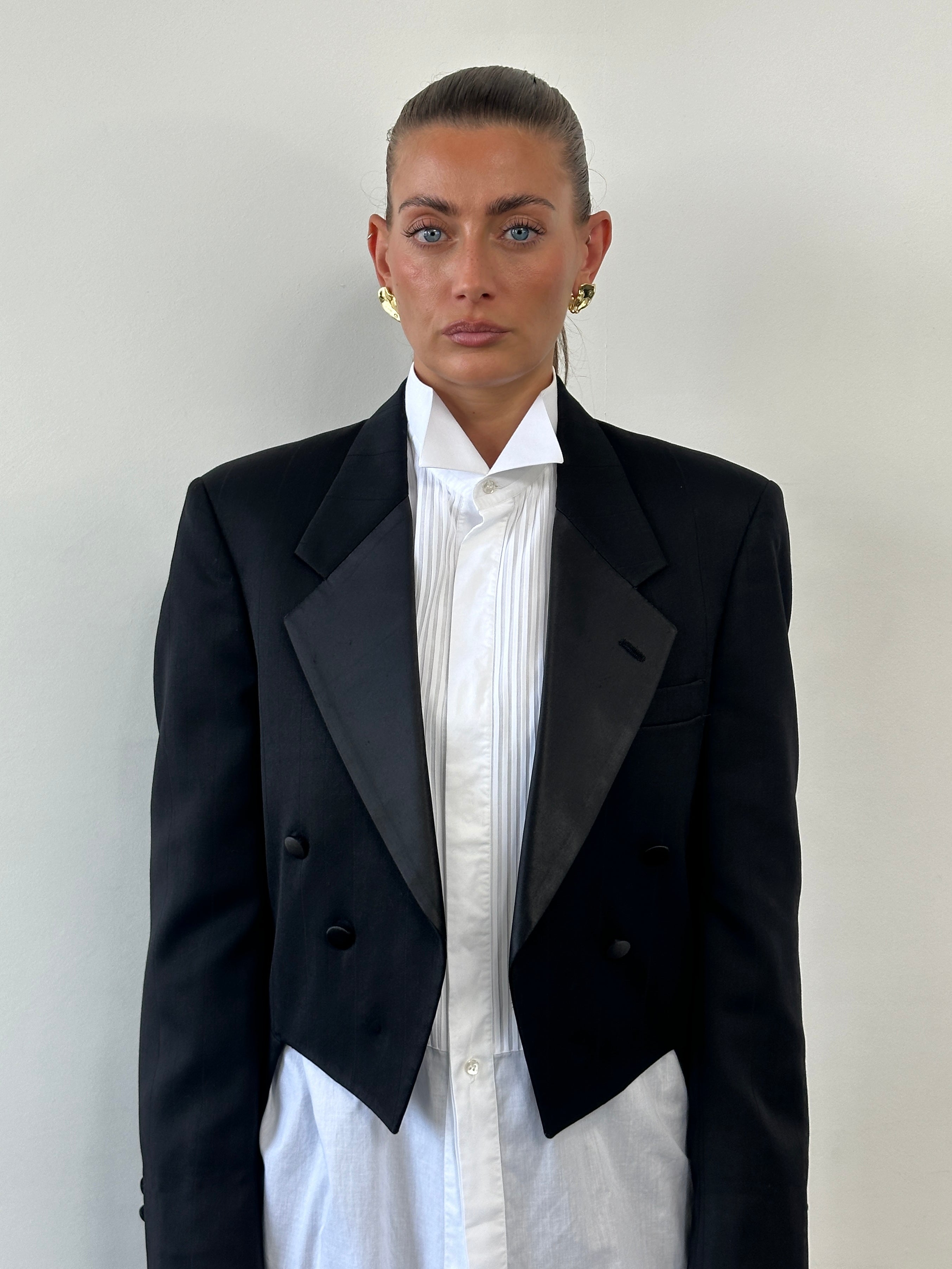 Christian Dior Monsieur 80s double-breasted tuxedo blazer, tailored black blazer with peak lapels and button details.