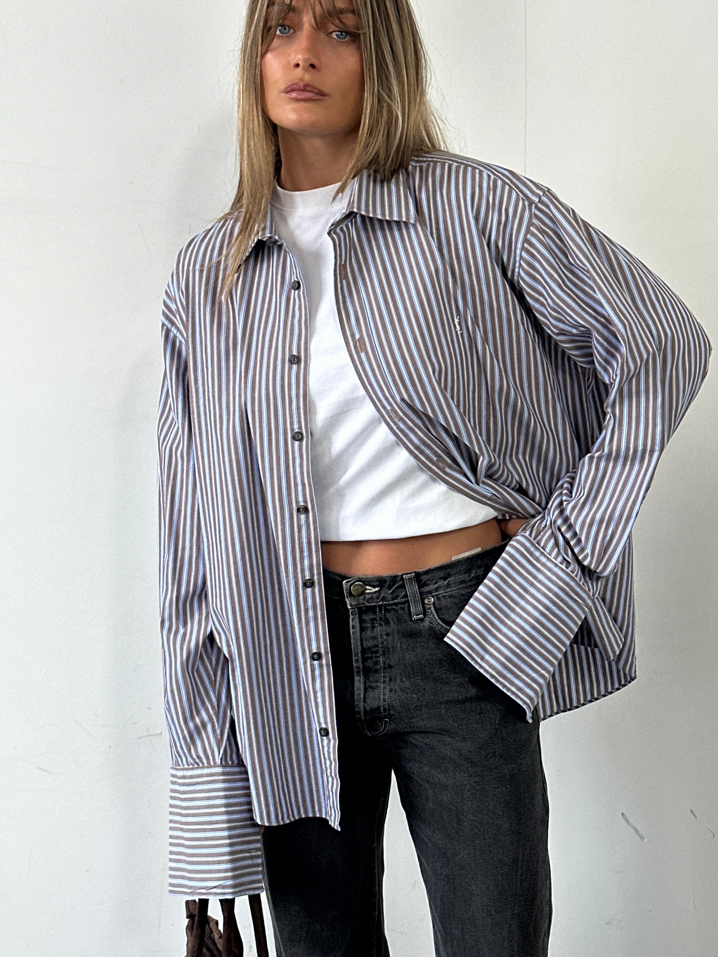 Yves Saint Laurent Pour Homme pure cotton dress shirt with blue and white stripes and logo detail, in XL/XXL size.