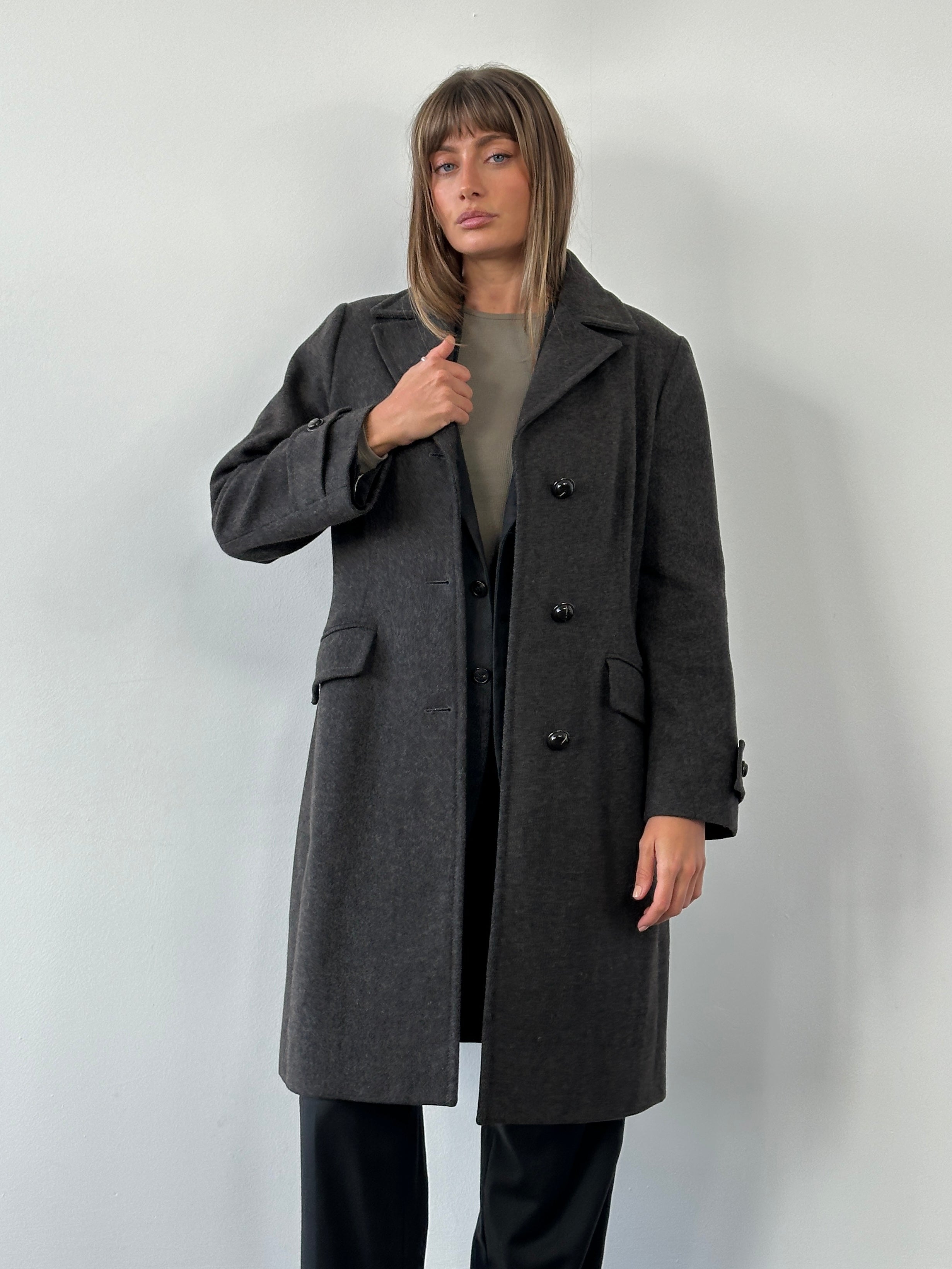 Marella 2000s wool single-breasted coat in size M displayed on a hanger, showcasing its classic design and tailored fit.
