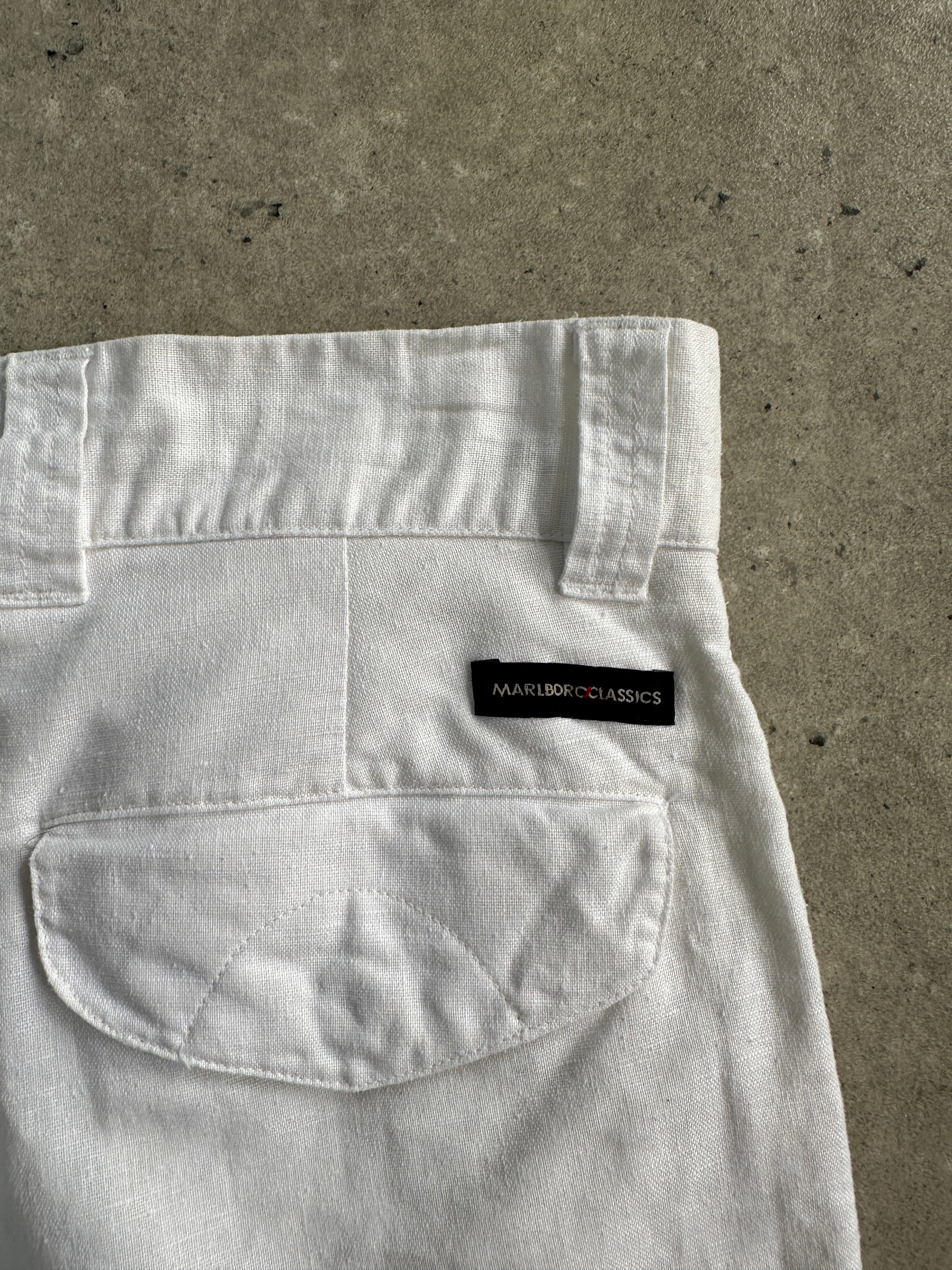 Marlboro Classics linen cotton straight-leg high-waisted trousers in light fabric, W28, shown on a hanger.