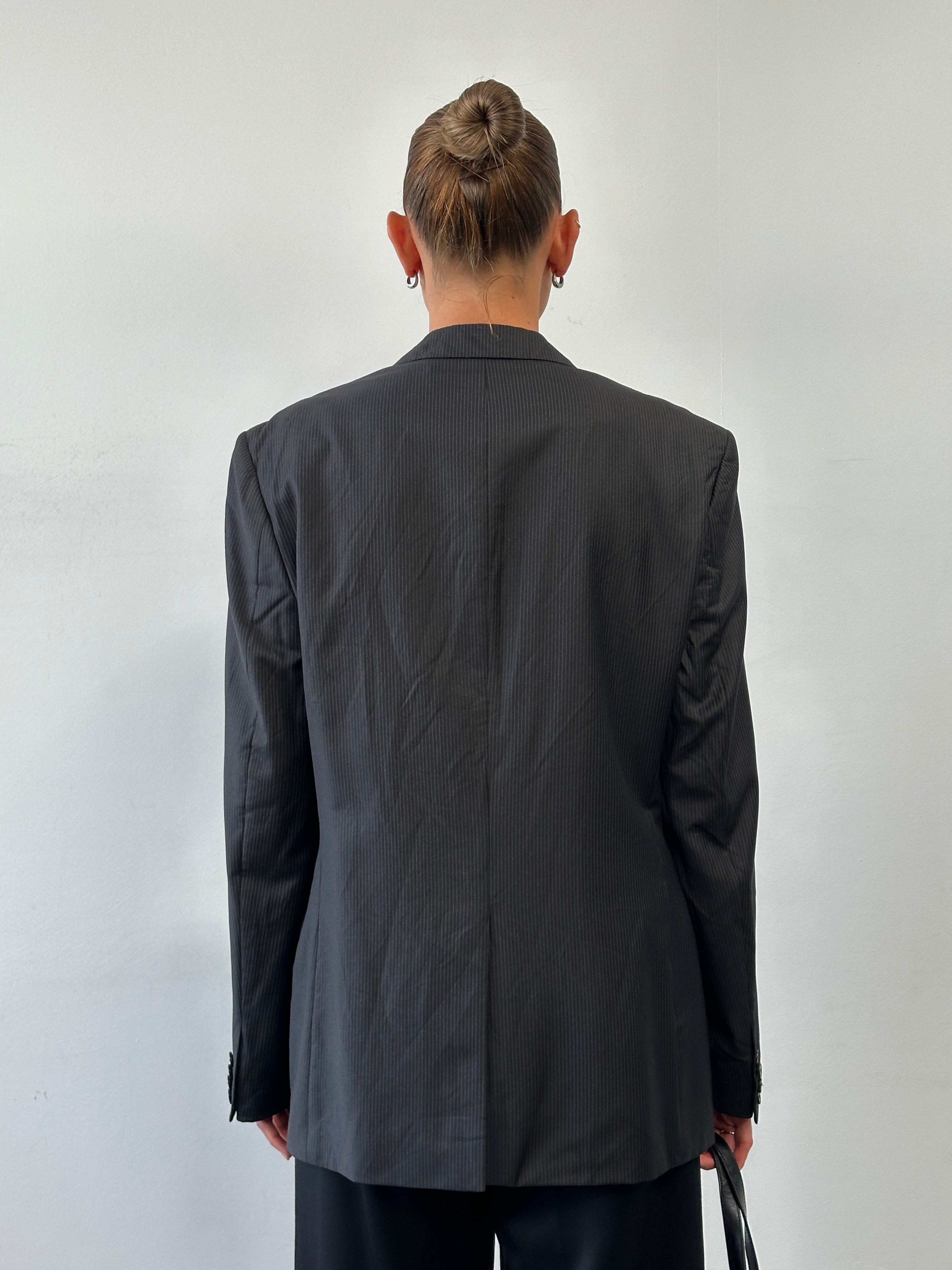 Versace Collection stripe wool blazer in size 40R/L, single-breasted with classic lapel and sleek tailored fit.