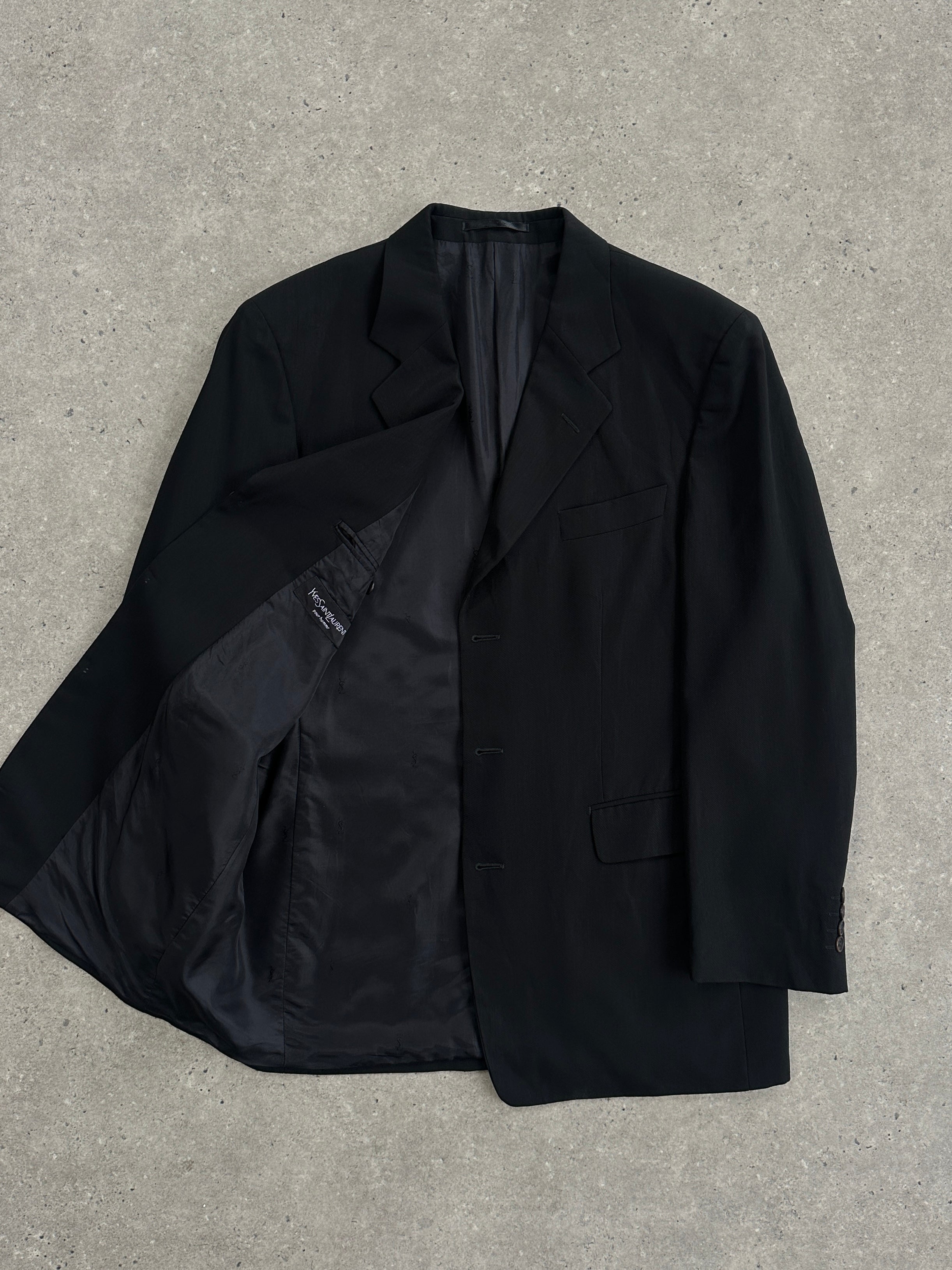 Yves Saint Laurent Pour Homme 1990s pure wool single-breasted blazer in size 40R/L, tailored fit, dark classic color.