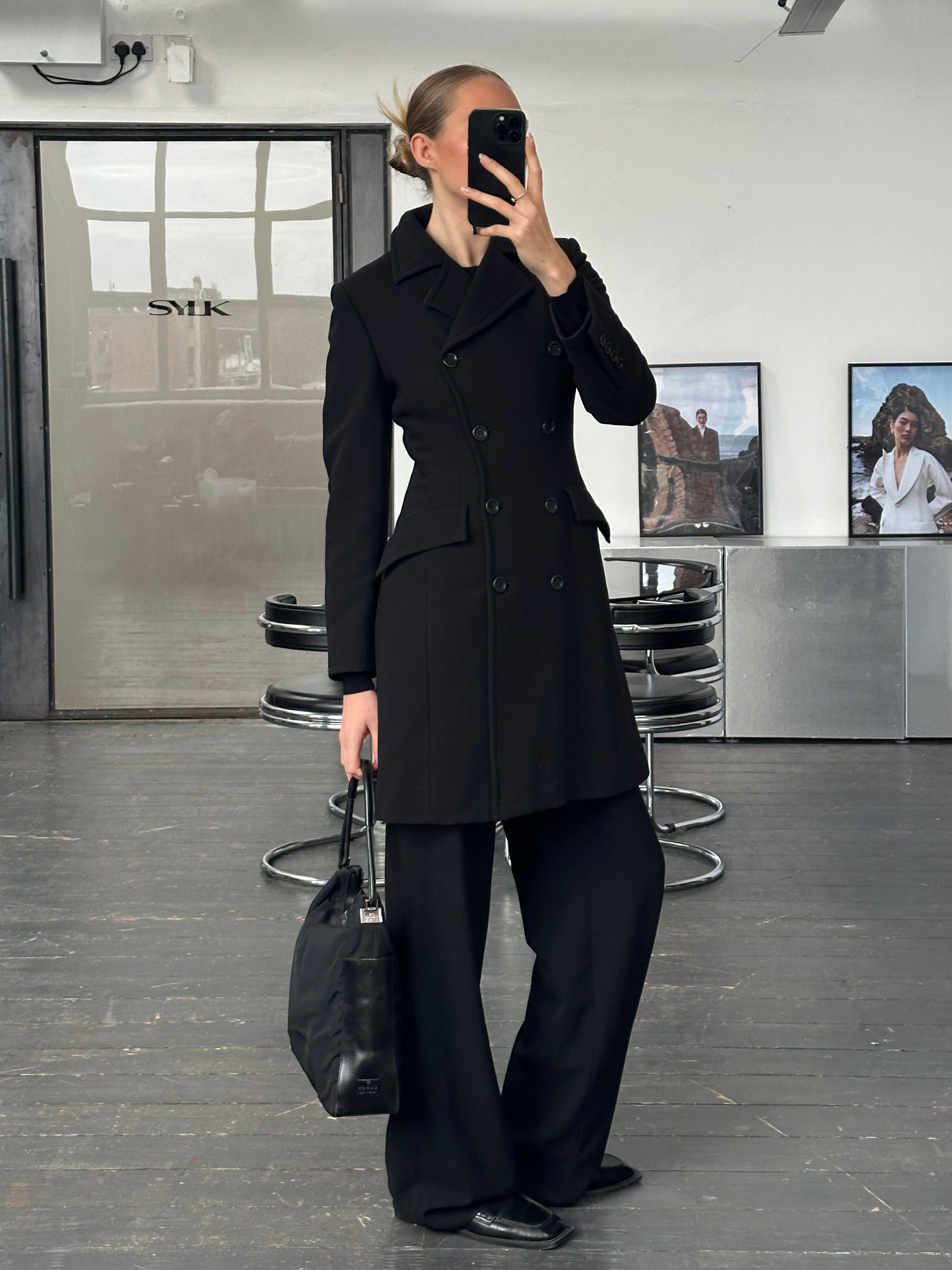 Marella 2000s pure wool double-breasted tailored coat in size S, shown hanging with lapels and front buttons visible.