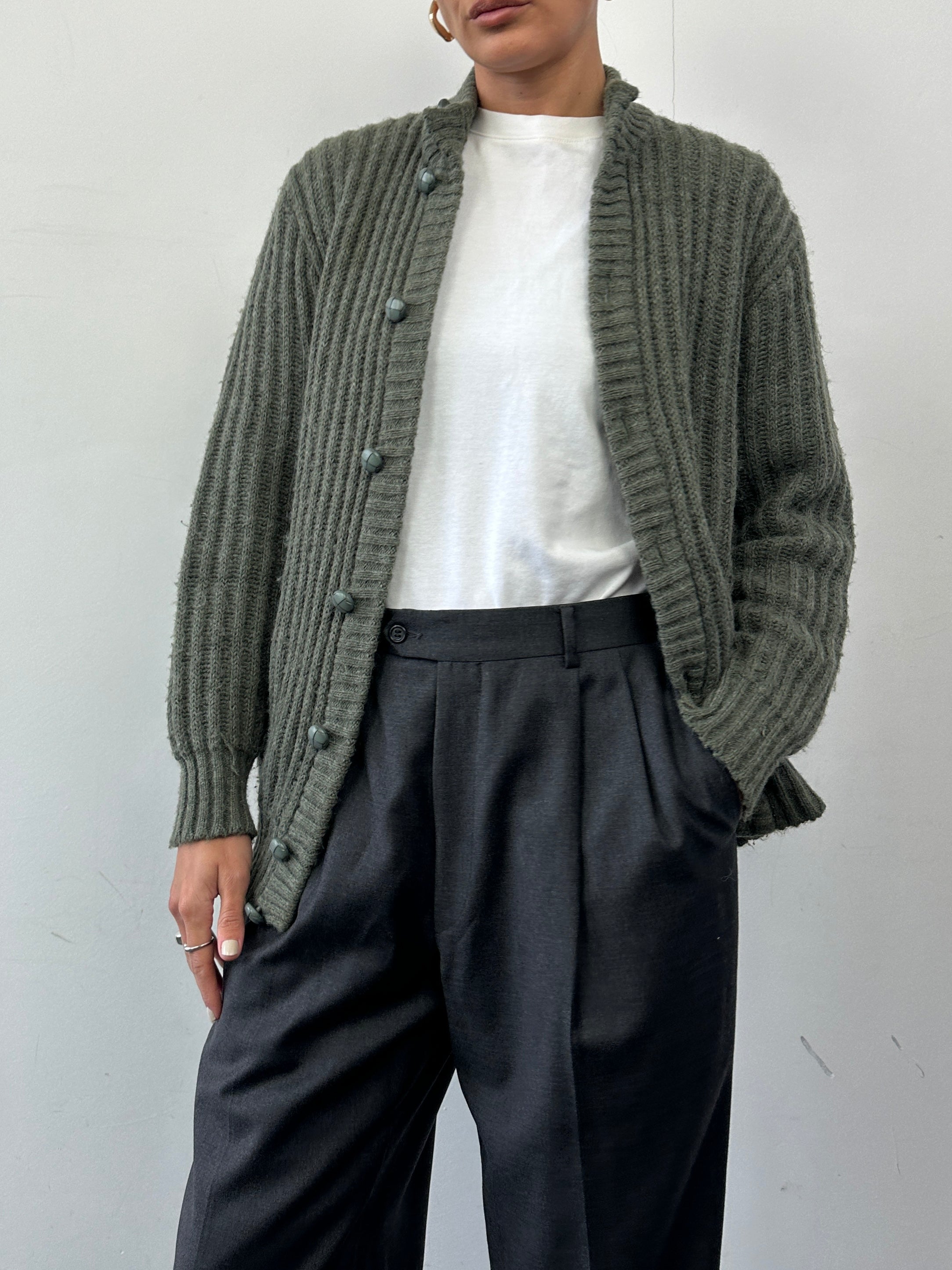 St Michael wool knitted cardigan in size M, featuring a cozy, textured knit design with a button-front closure.