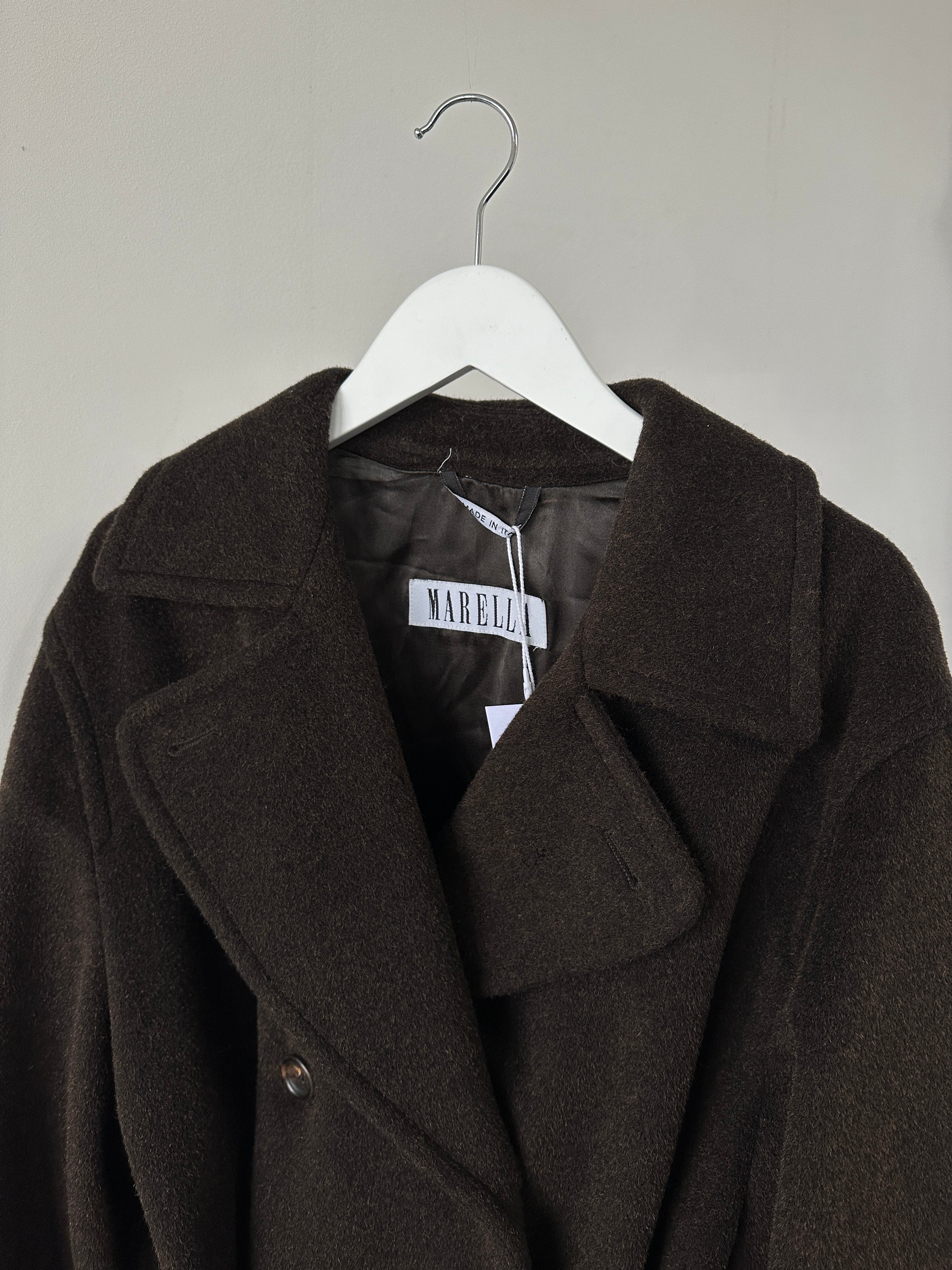 Marella wool mohair double-breasted belted coat in size L/XL, showcasing a classic design with a tailored fit and textured fabric.