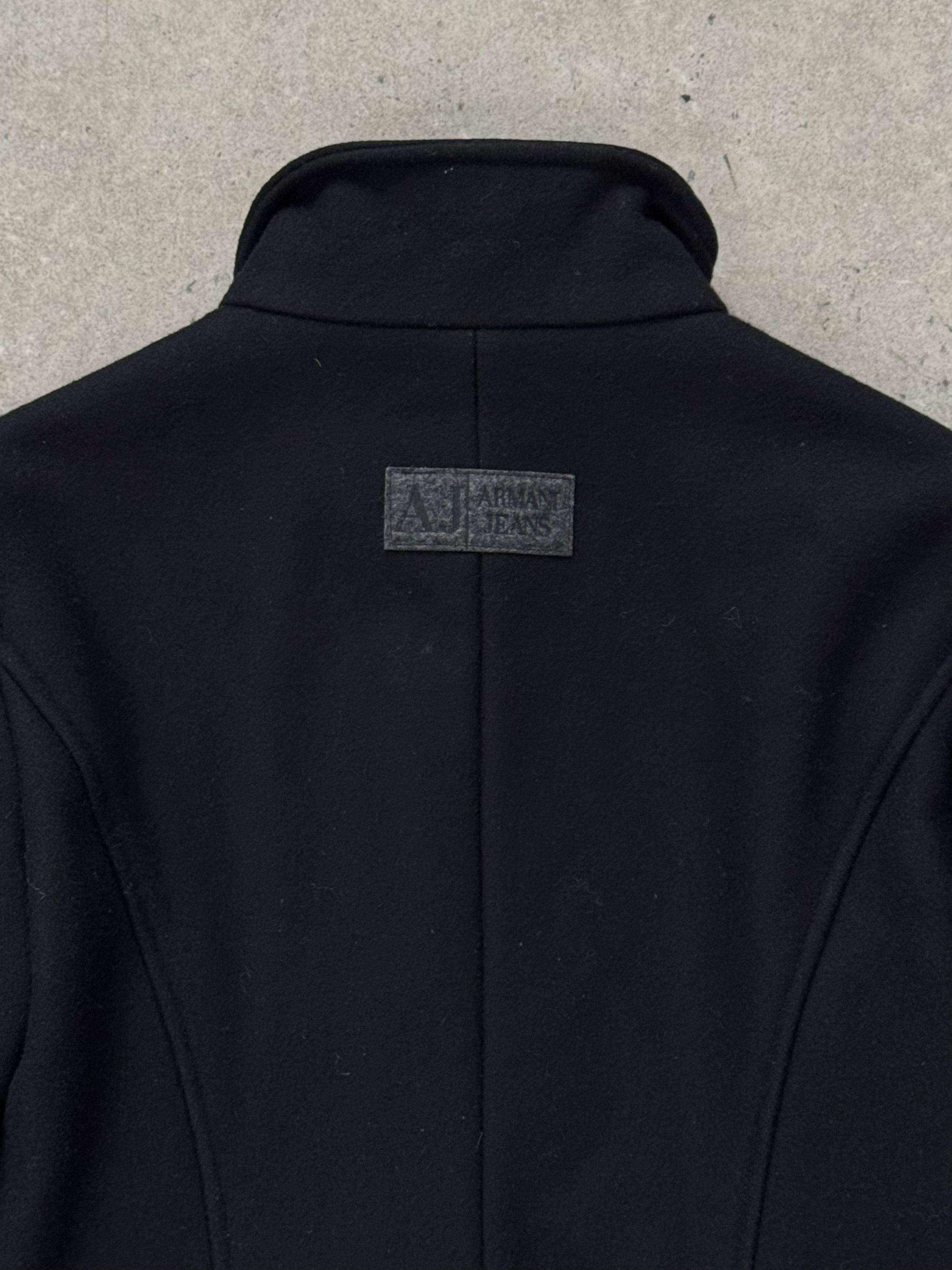 Armani Jeans 2000s wool high-neck minimal jacket in black, featuring a sleek design and classic fit, size small.