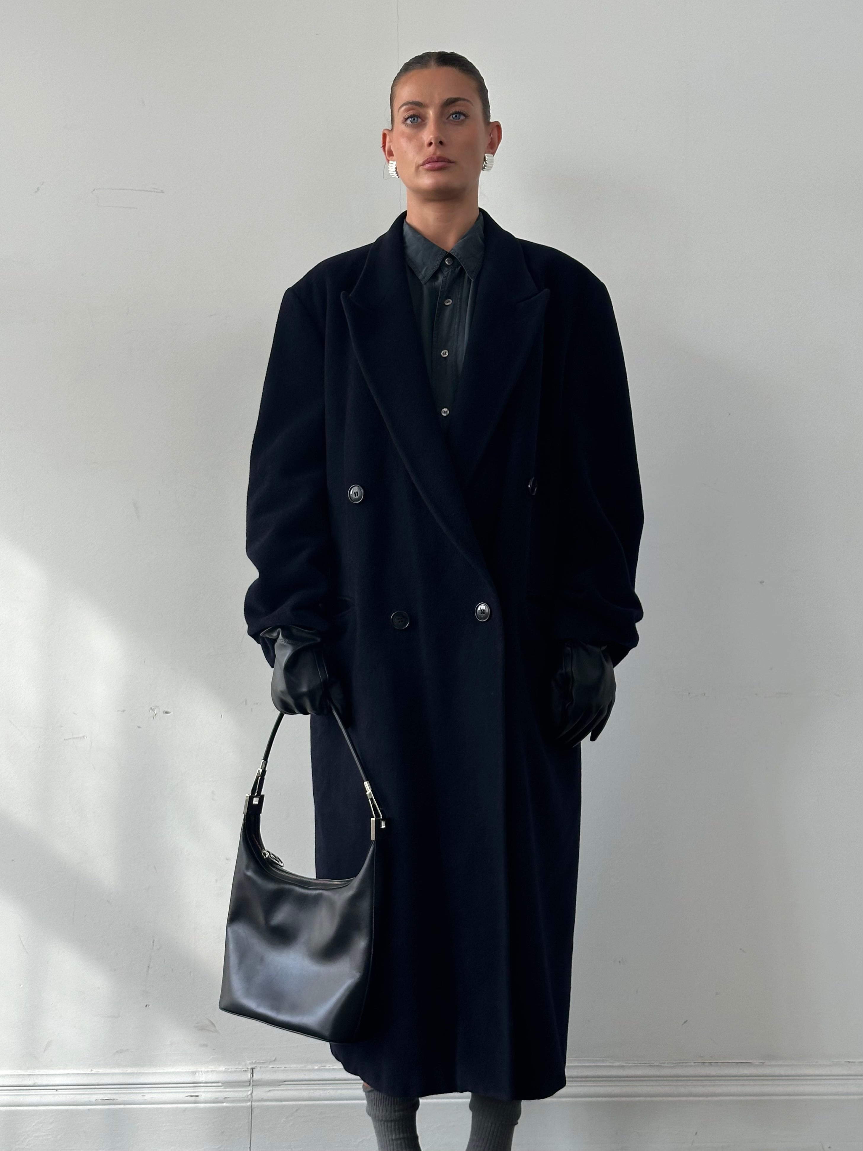 Emporio Armani wool cashmere double-breasted coat in XL/XXL displayed on a hanger, showcasing its elegant design and classic style.