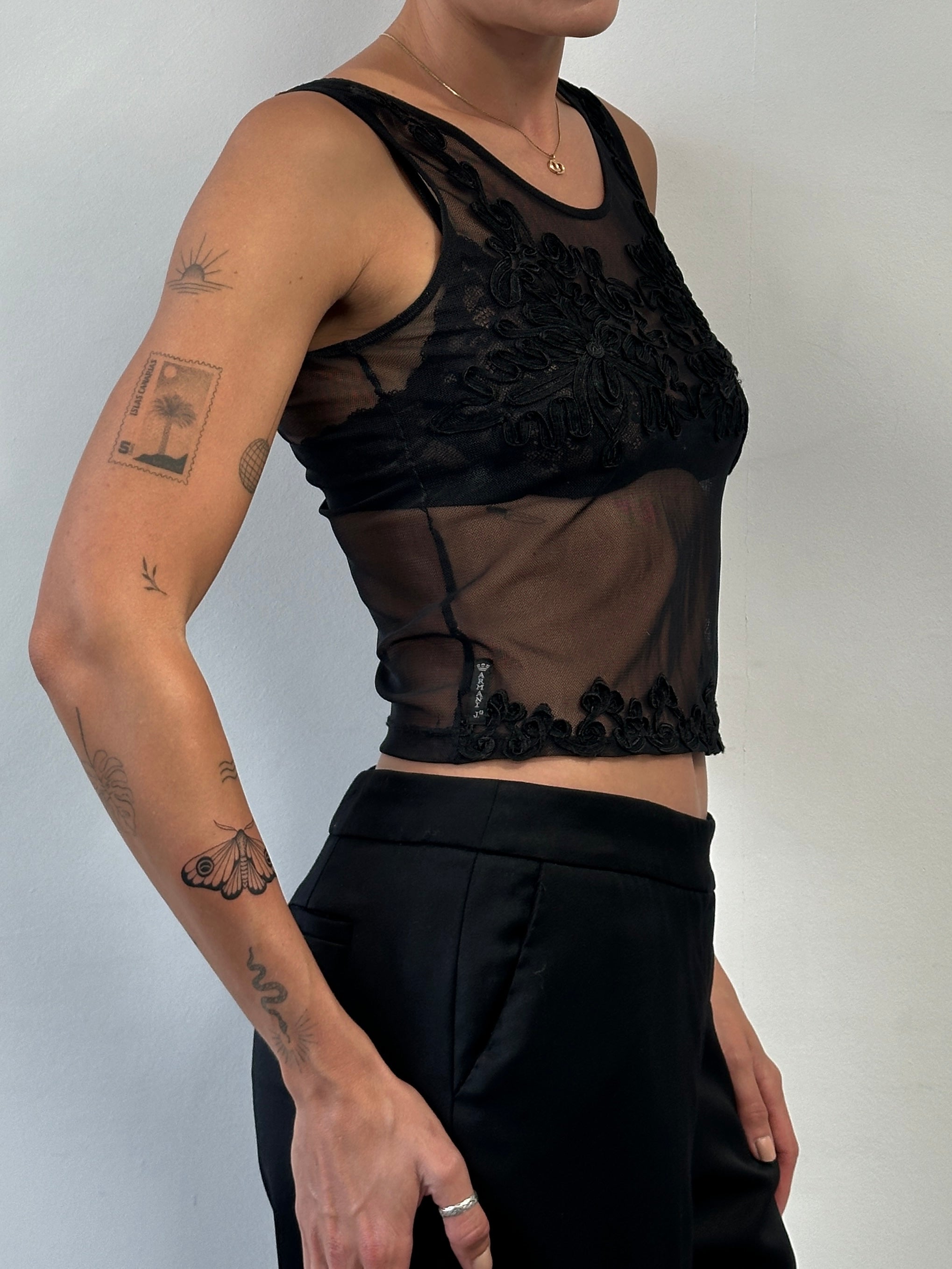 Armani Jeans sheer vest top with appliqué detailing, size small, featuring a lightweight, stylish design.
