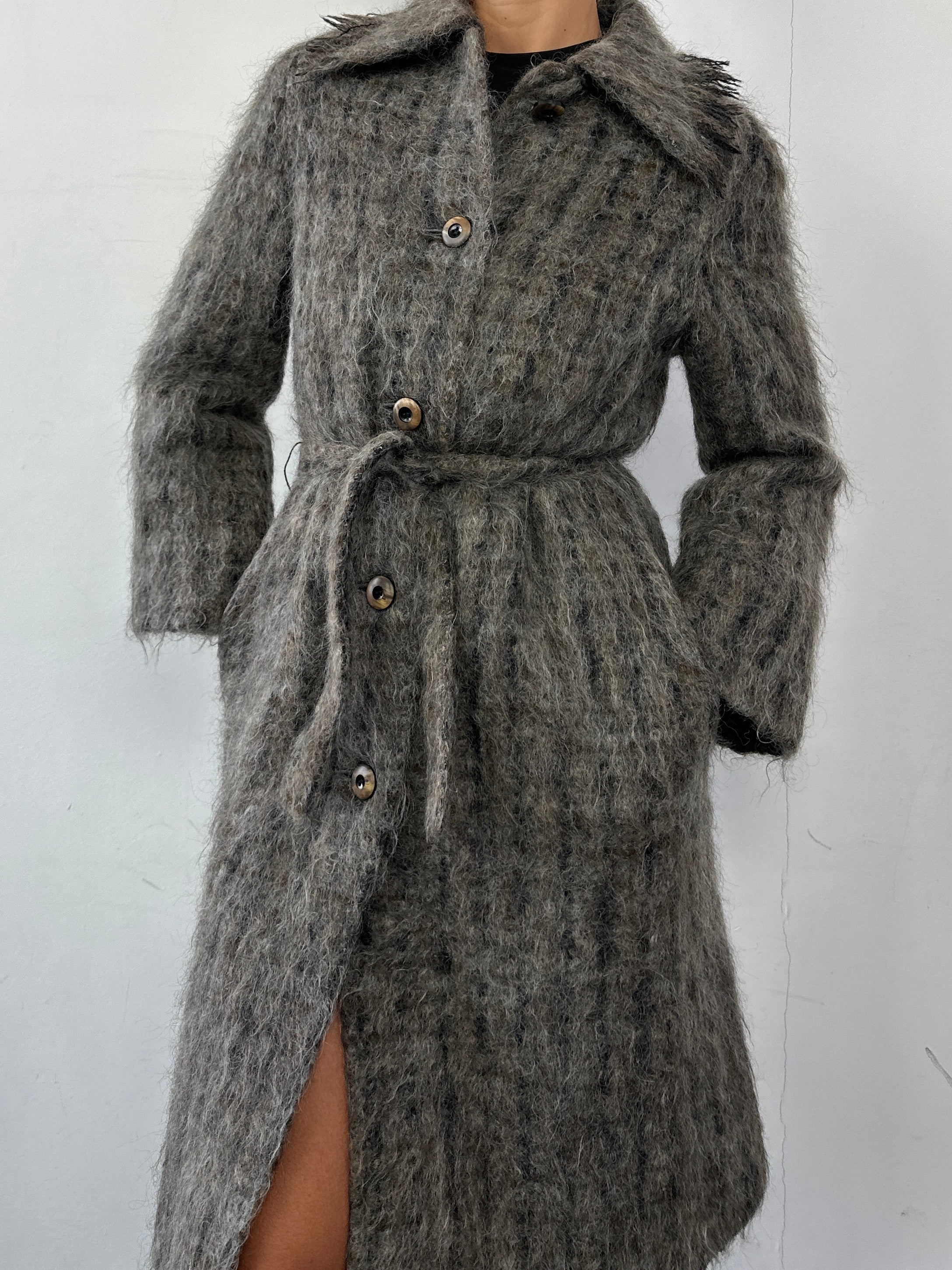 Jaeger wool fuzzy check single-breasted belted coat in size small, featuring a warm, textured fabric and classic design.