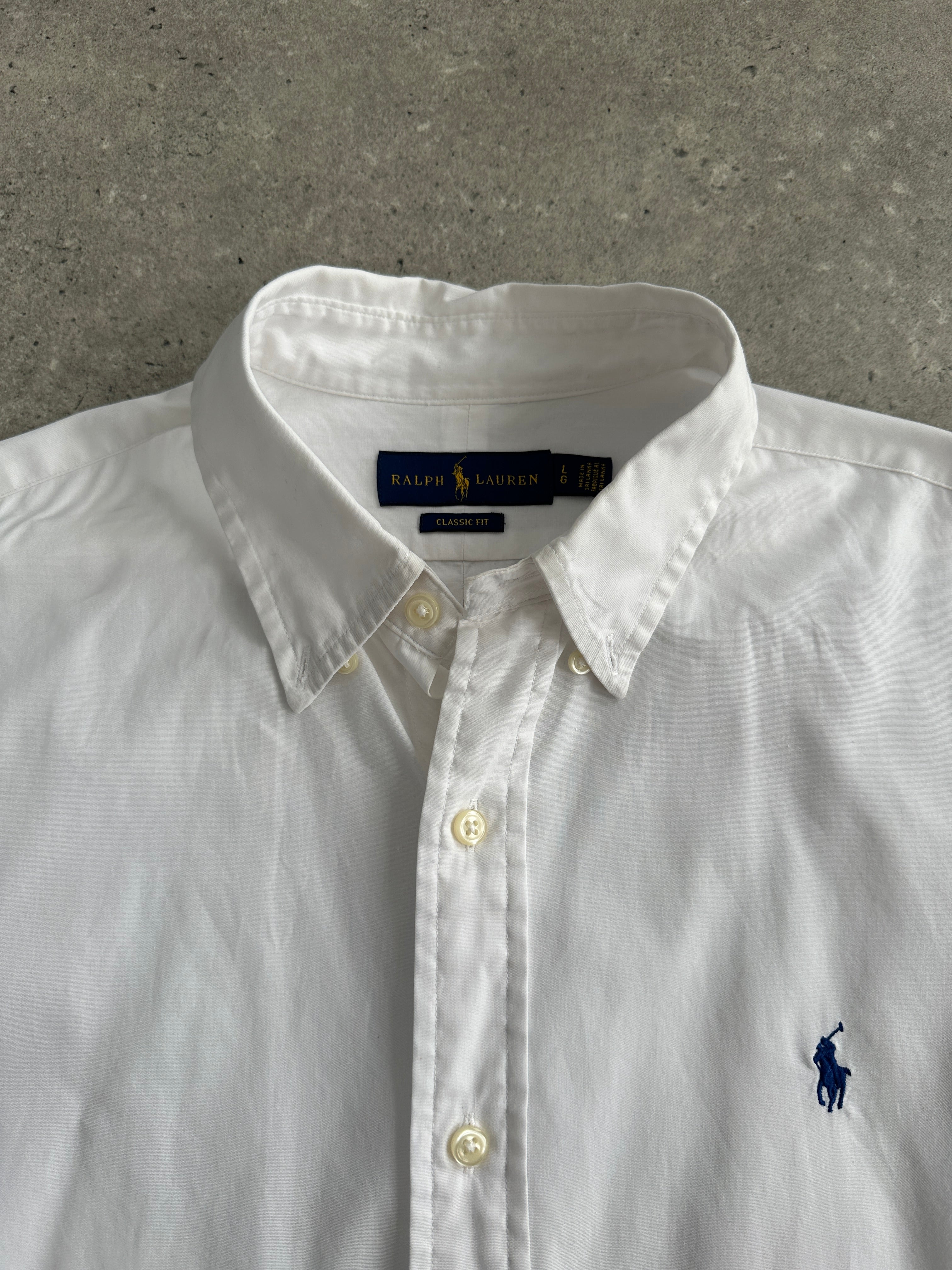 Ralph Lauren cotton logo shirt in size large, featuring the iconic polo logo on the chest, classic fit and breathable fabric.