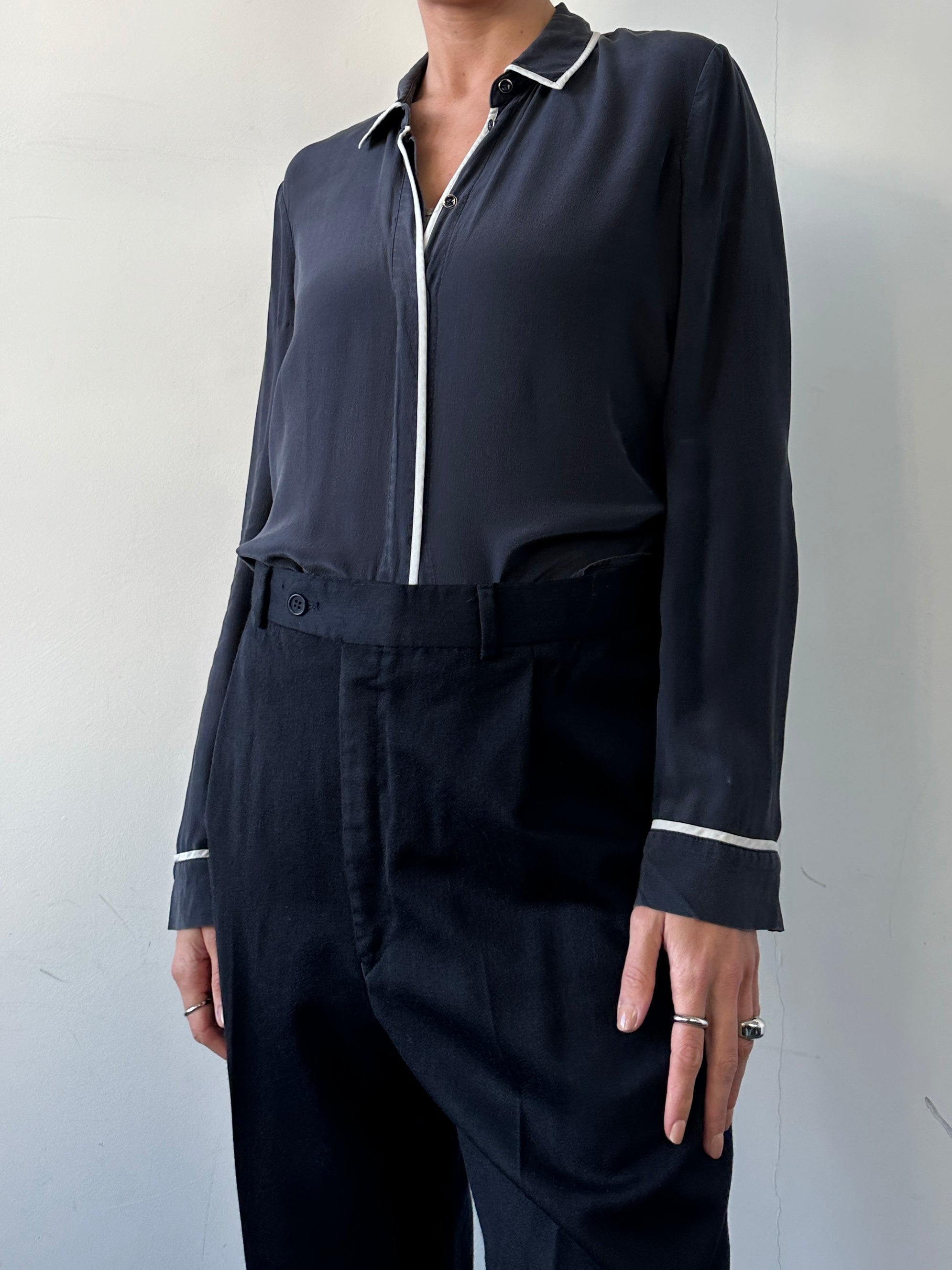 Armani Jeans silk pyjama shirt in size M, featuring a smooth, luxurious fabric and a classic button-up design.