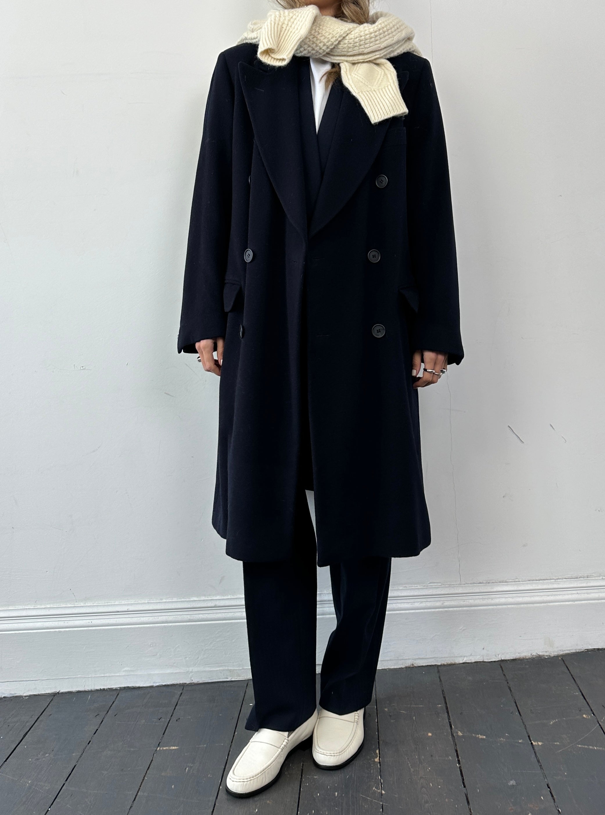 Giorgio Armani double-breasted wool coat in size L, stylish and warm with classic design, shown on a neutral background.