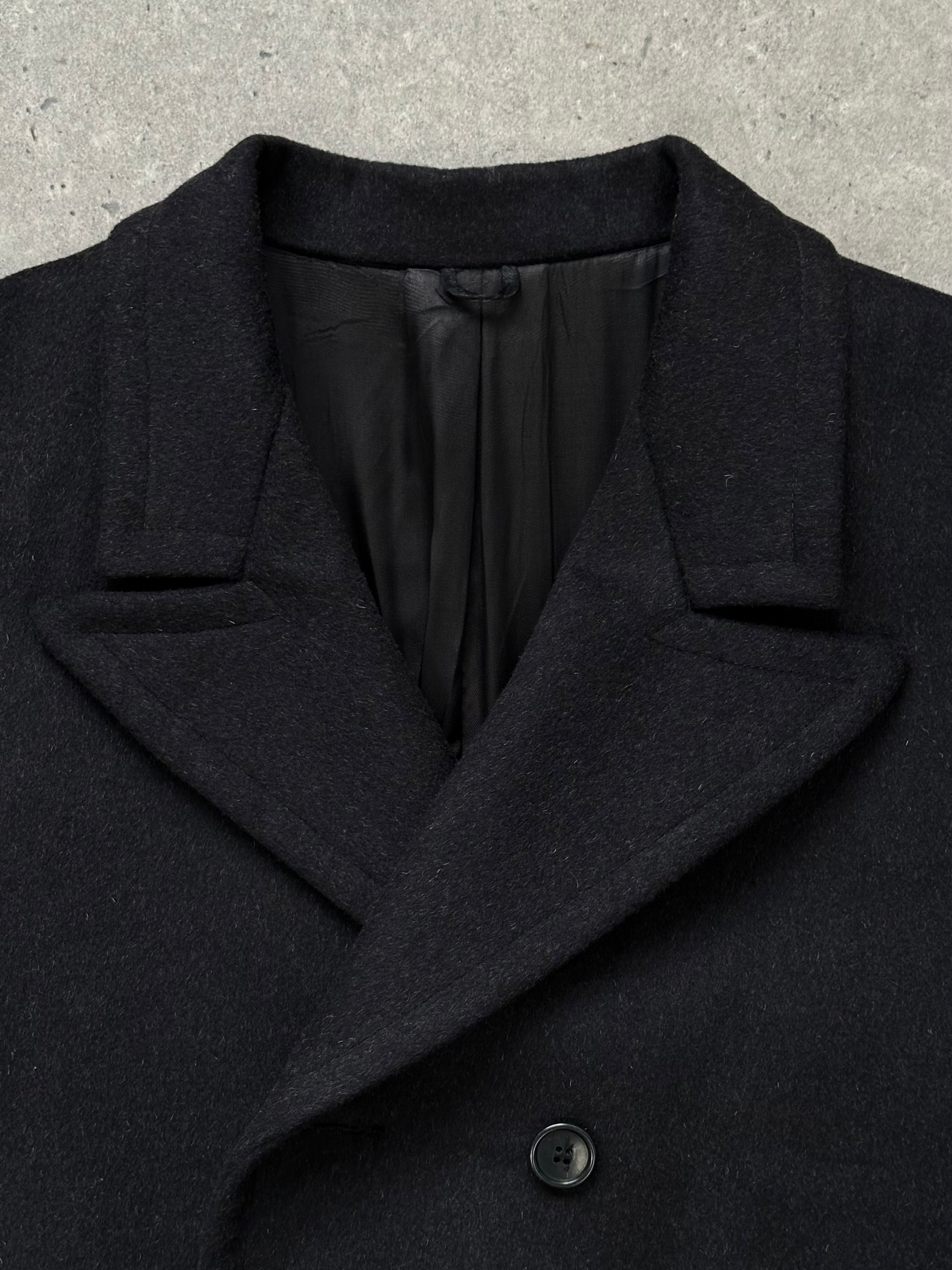 Vintage Italian 1980s wool double-breasted coat in XL, showcasing classic design and textured fabric.