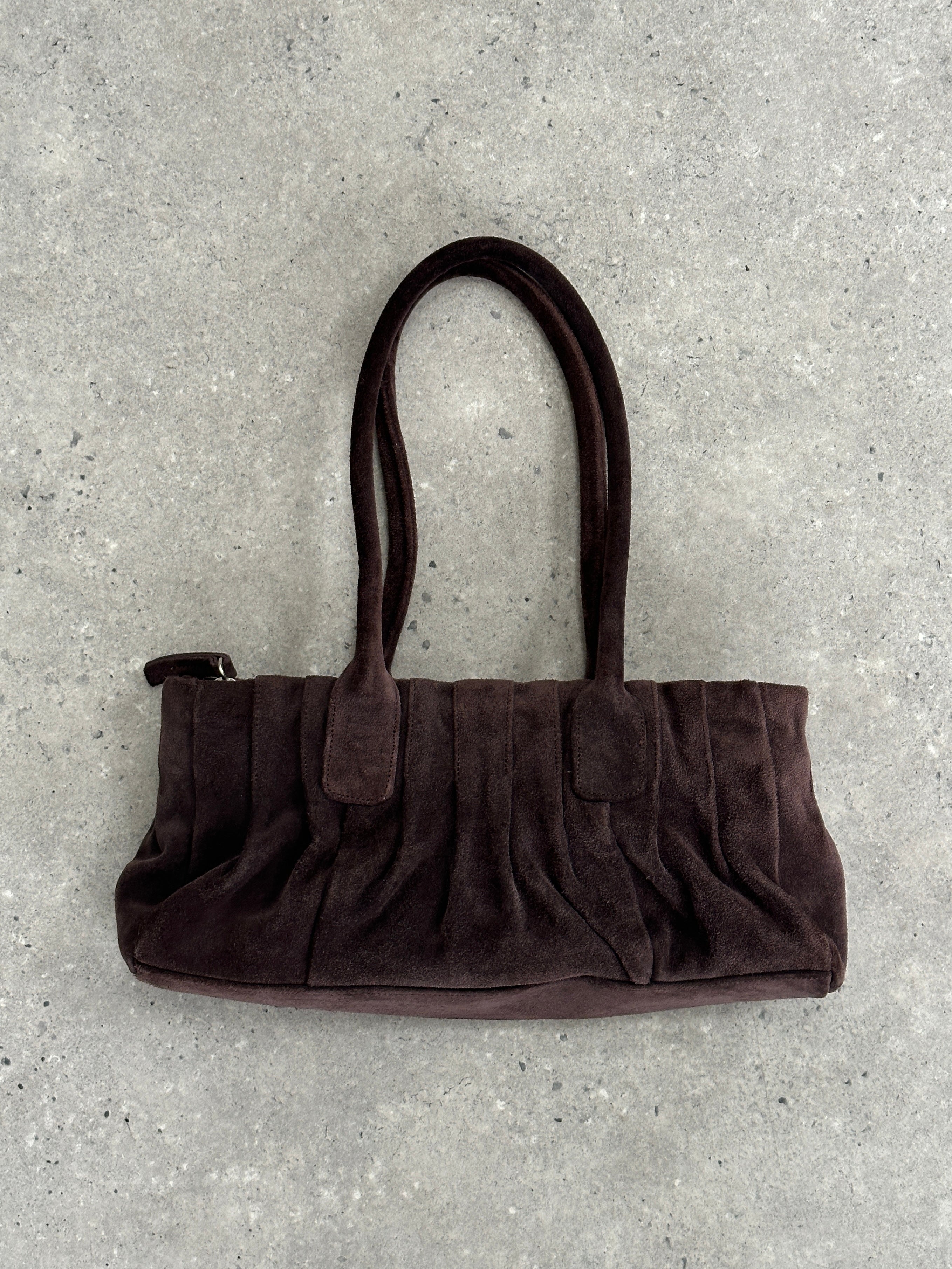 Abro Italian suede leather ruched shoulder bag with adjustable strap and stylish design, perfect for casual or evening wear.