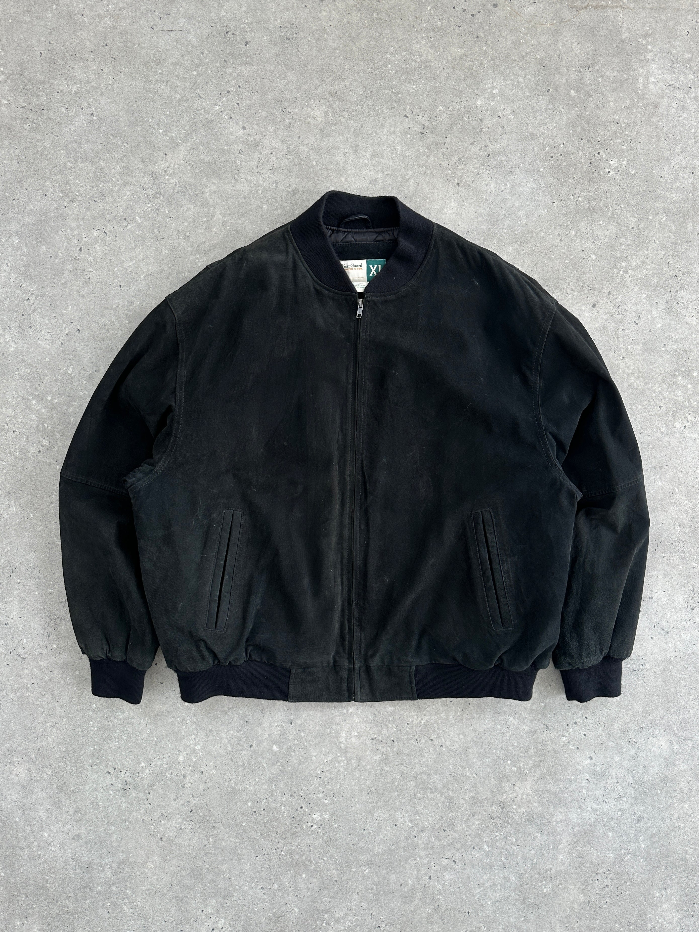 Vintage men's suede bomber leather jacket in XXL size, stylish and classic with a rugged, textured appearance.