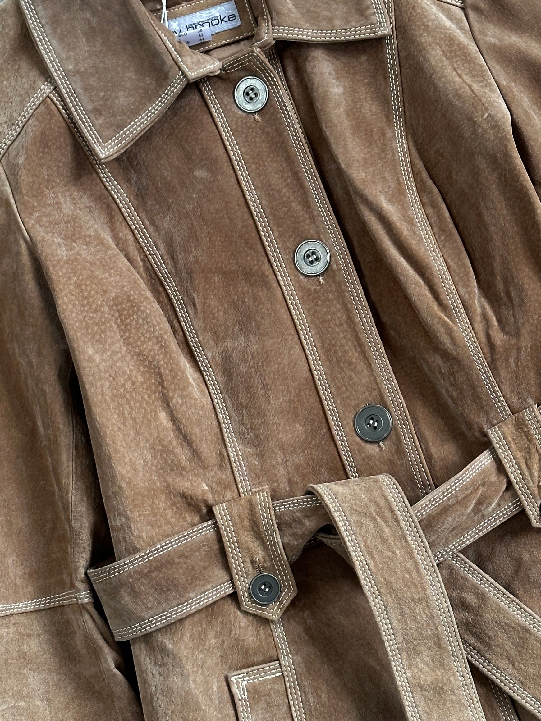 Vintage suede belted jacket in size M, featuring classic design and stylish details, displayed on a hanger.