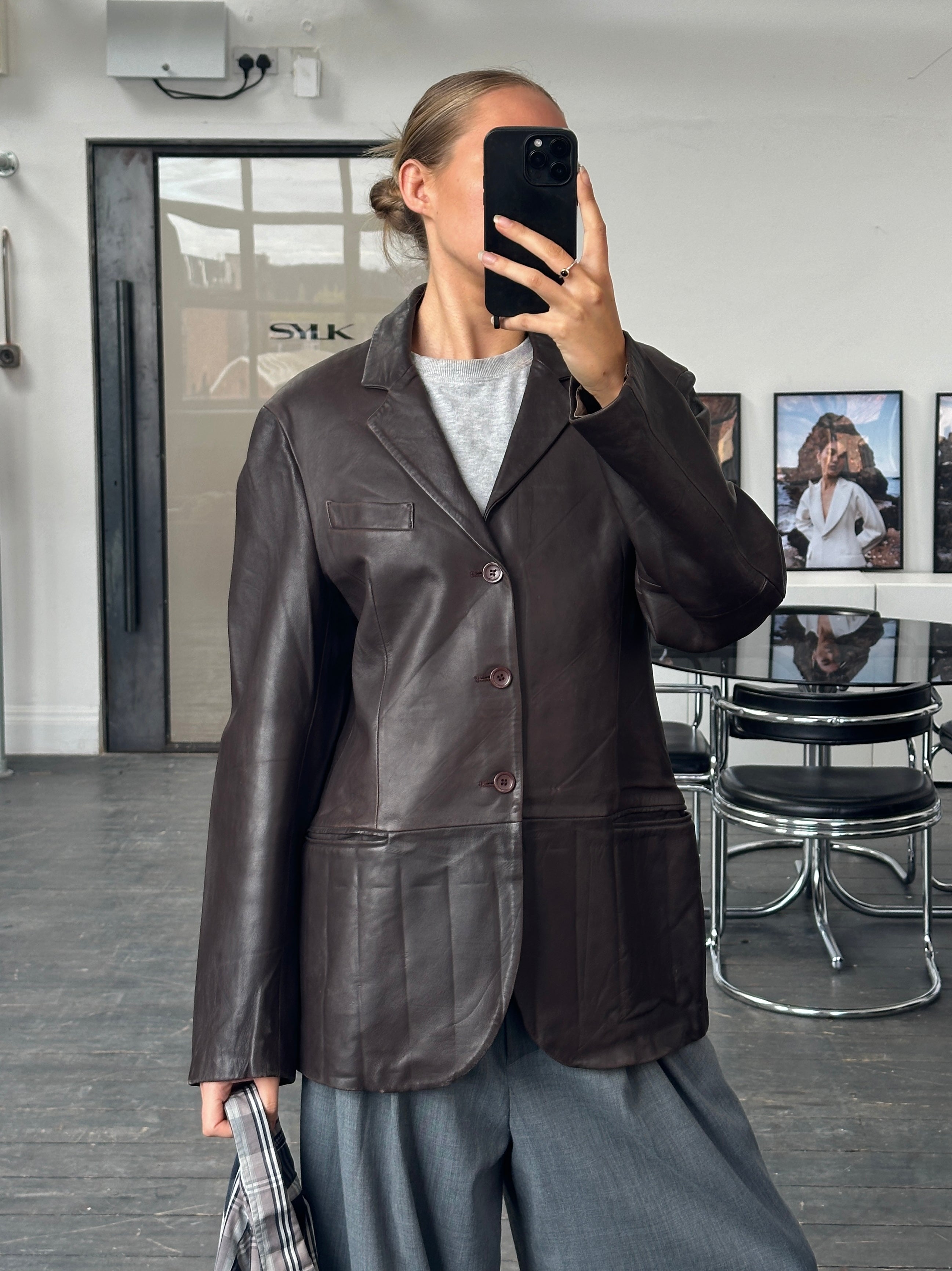 Emporio Armani 1990s lamb leather jacket in black, M/L size, featuring classic design and smooth leather texture.