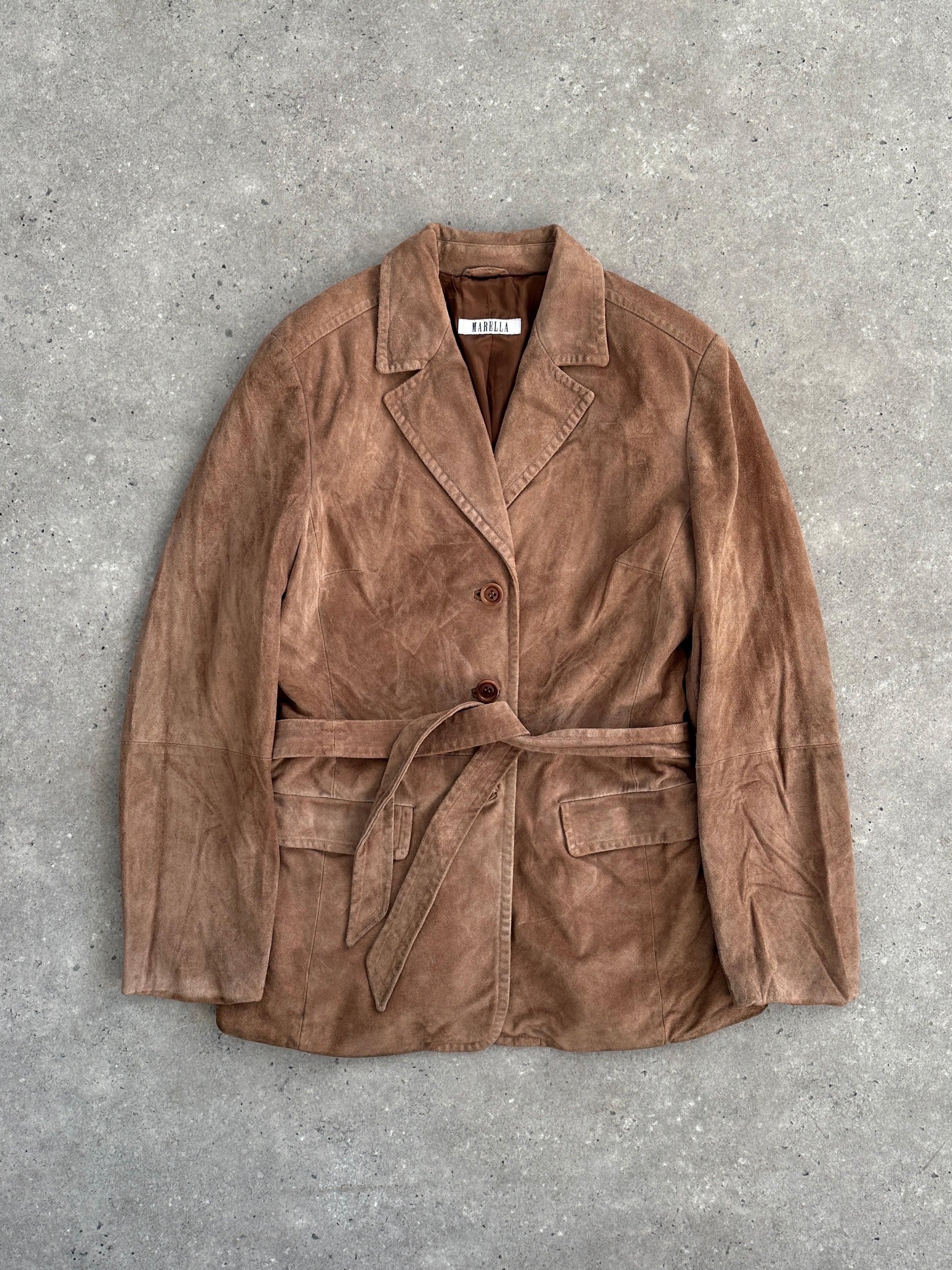 Marella suede belted jacket in size M, featuring a stylish design with a front belt and tailored fit, perfect for fall wear.