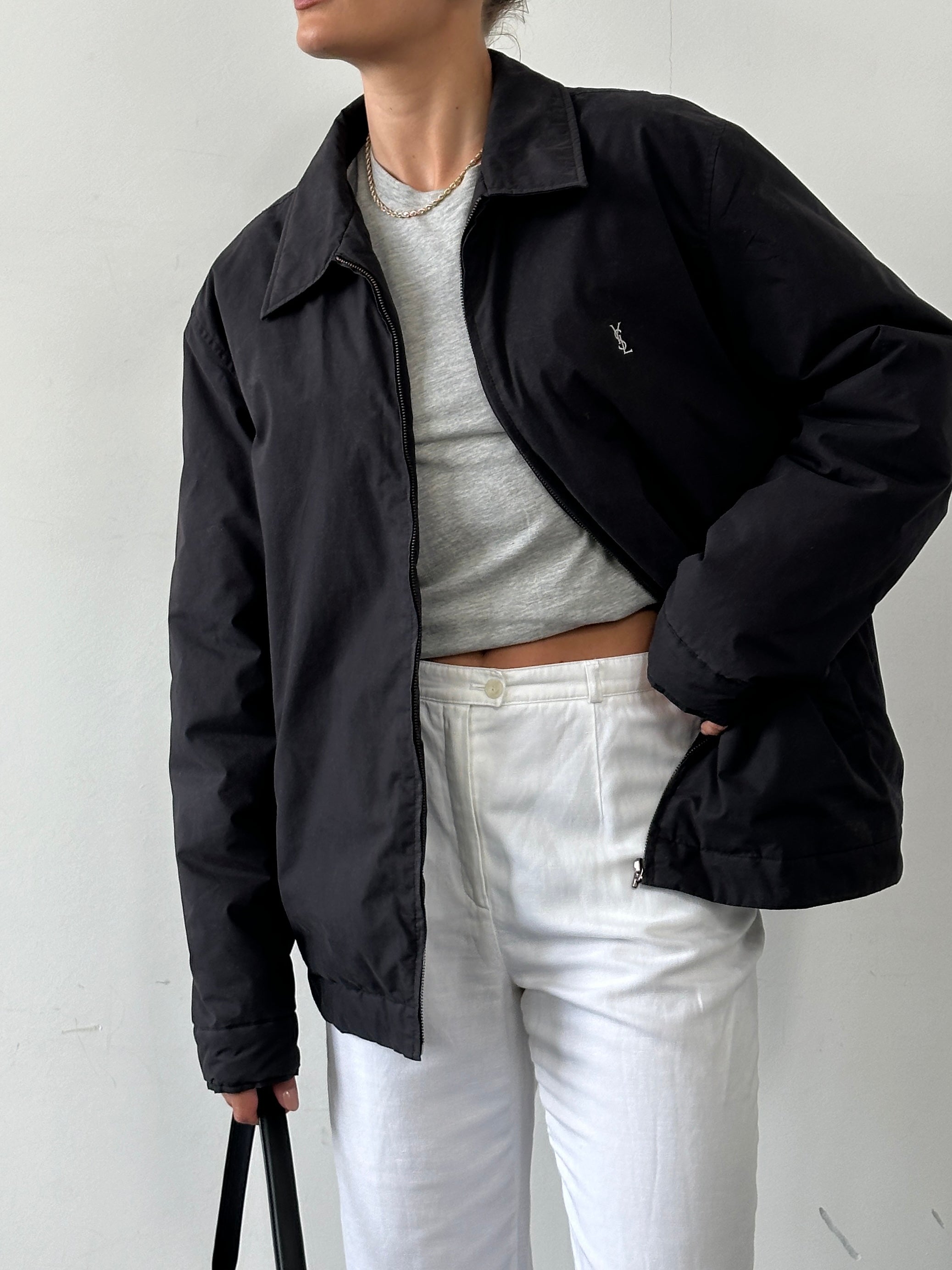 Yves Saint Laurent Pour Homme padded logo bomber jacket in XL, shown with front view, featuring black design and signature branding.
