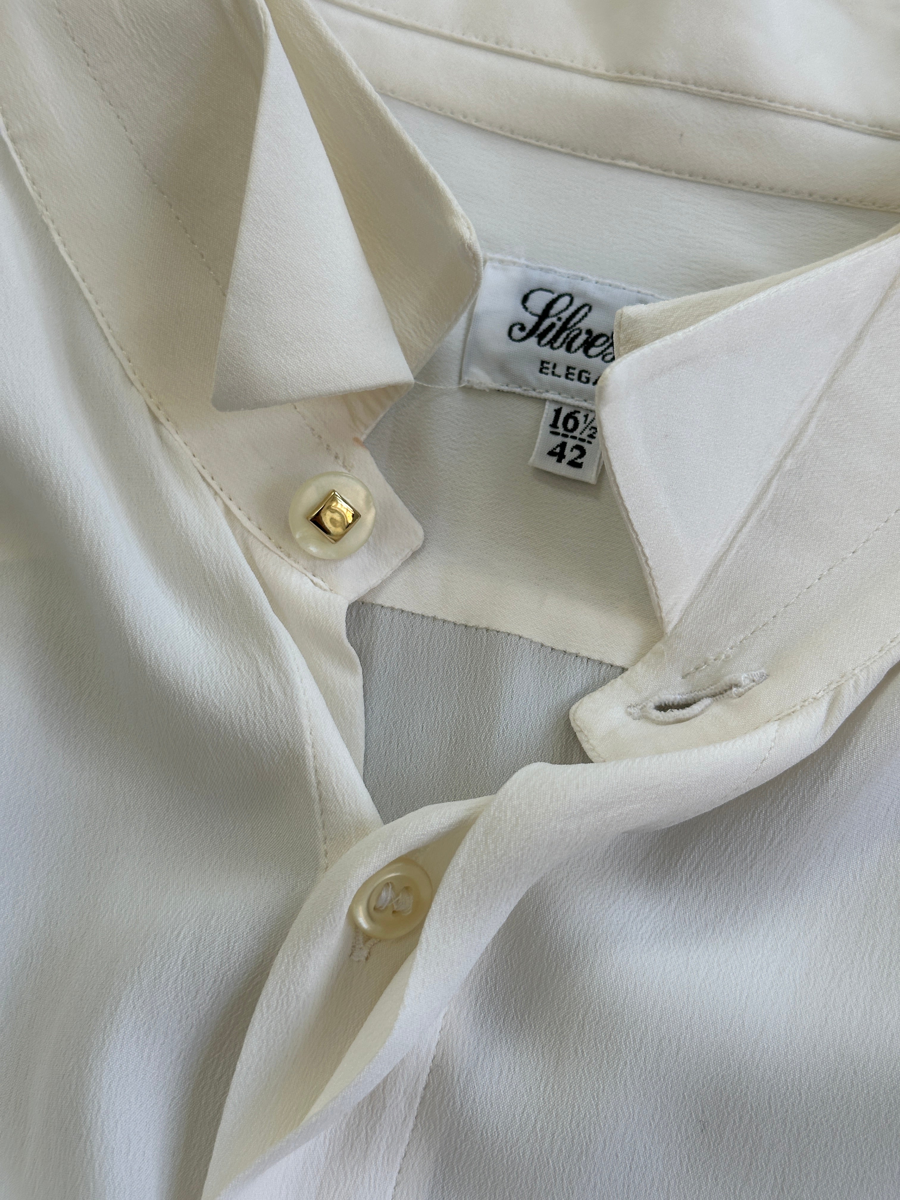 Vintage 1980s Italian silk wing collar dress shirt in XL, flowing style with elegant details and classic design.
