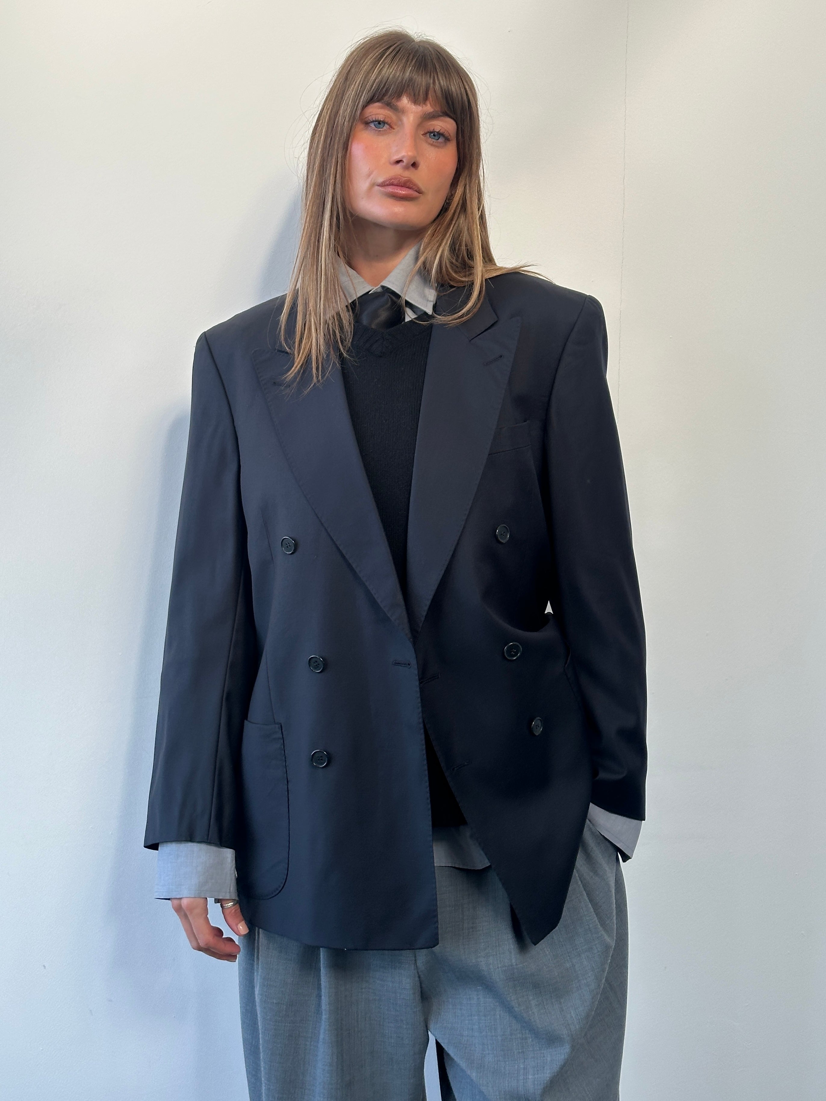 Louis Feraud x Loro Piana 1990s pure wool double-breasted blazer, size 40R/L, tailored with classic lapels and button details.