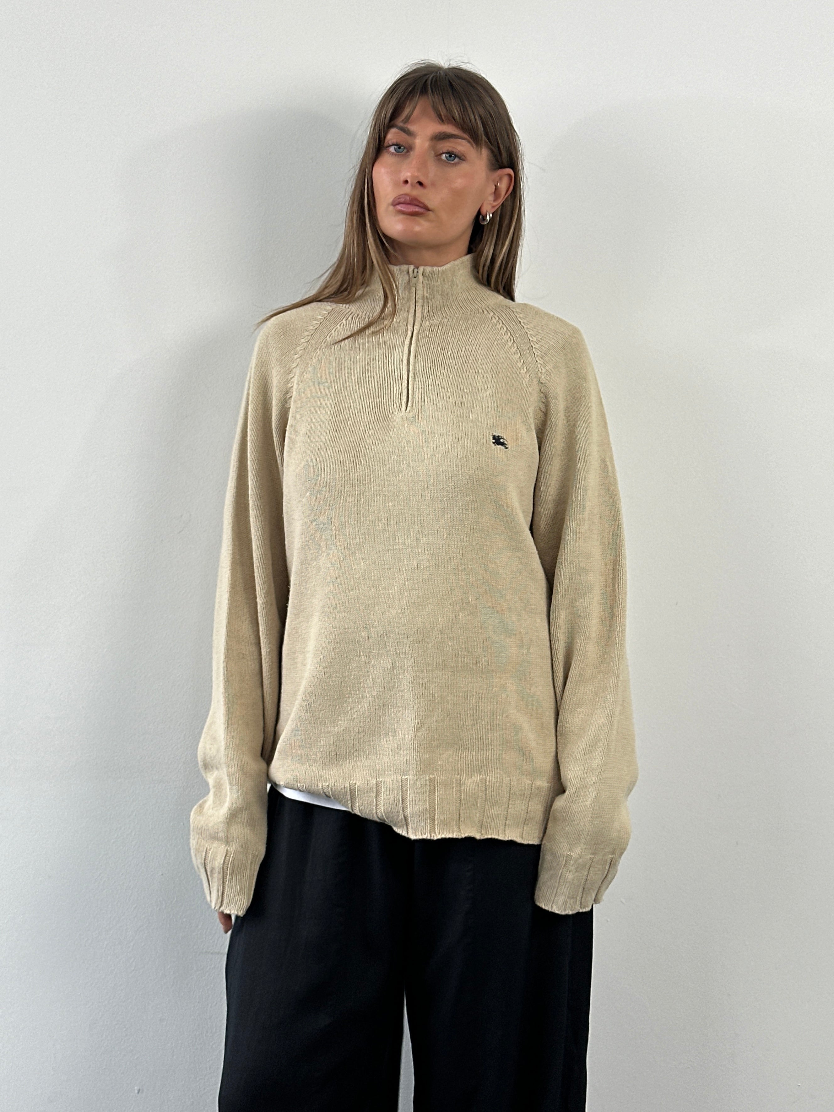 Burberry London 2000s pure cotton quarter zip jumper in XL, featuring a classic design and ribbed collar.