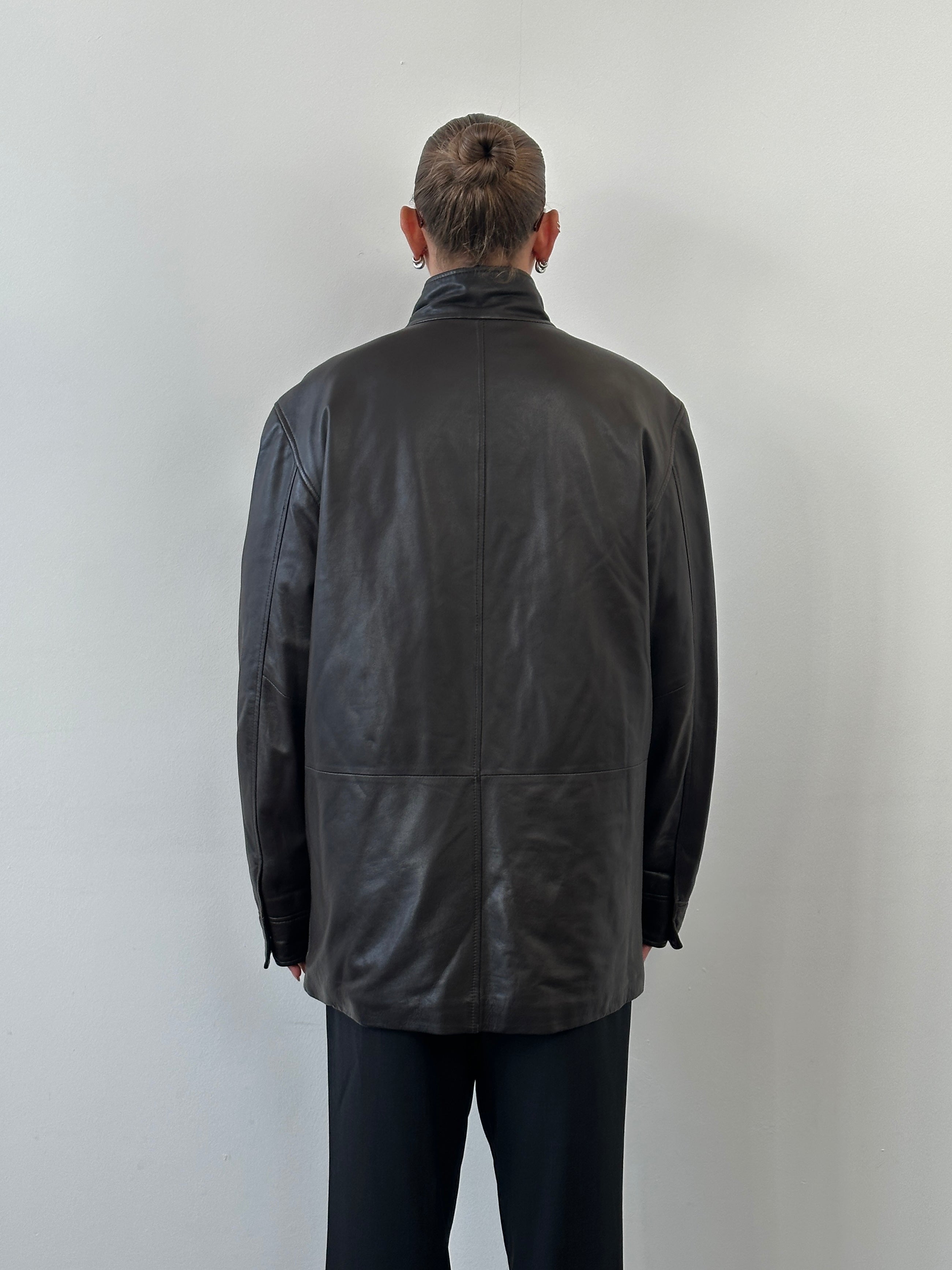 Jaeger 1990s Concealed Placket High Neck Leather Jacket - XL - SYLK