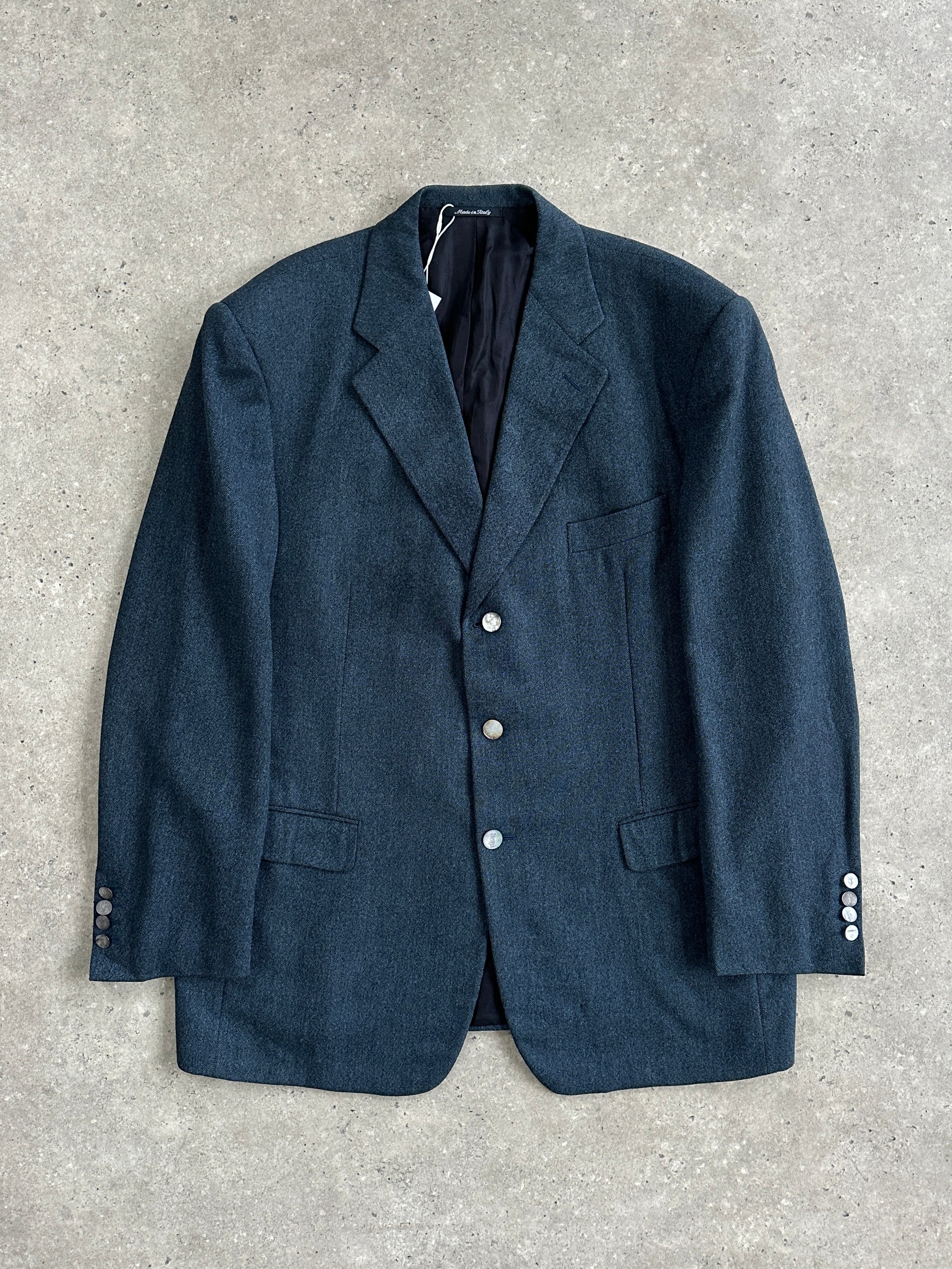 Yves Saint Laurent Rive Gauche bespoke 1990s button blazer in black, tailored fit, size 48R/XXL, with classic lapel and button details.