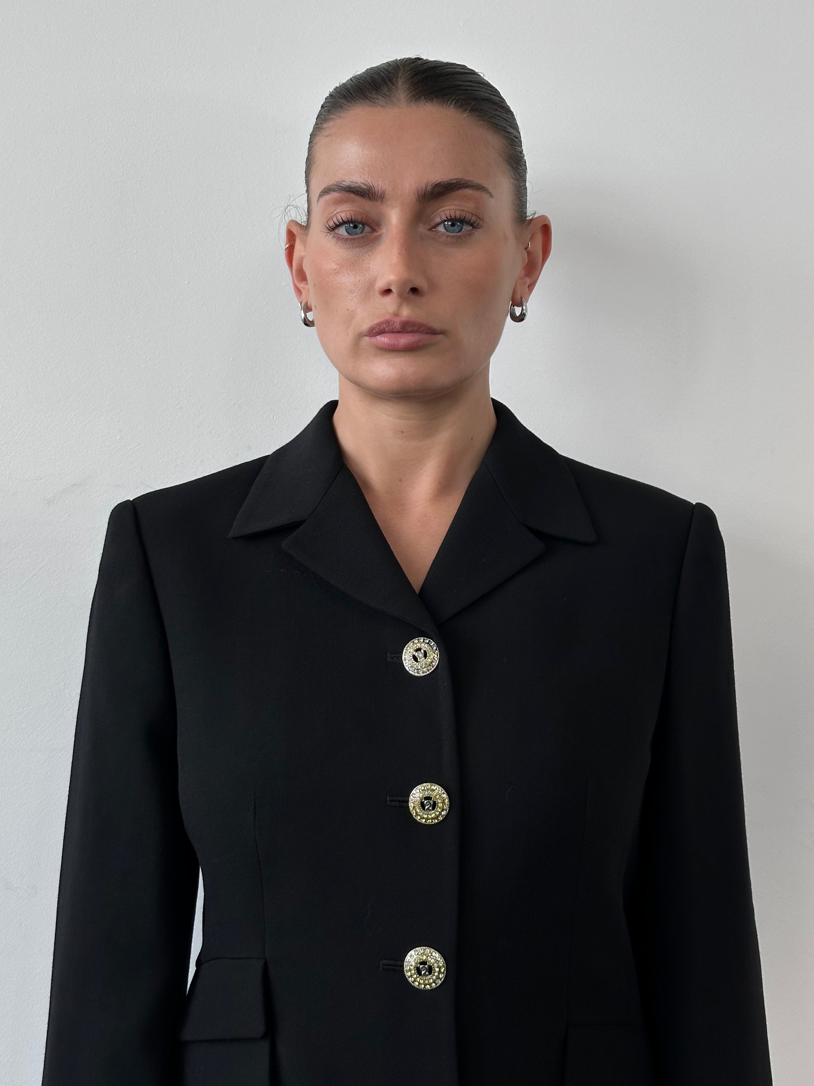 Versace Classic V2 90s fitted wool blazer with rhinestone buttons, tailored fit, in a stylish S/M size.
