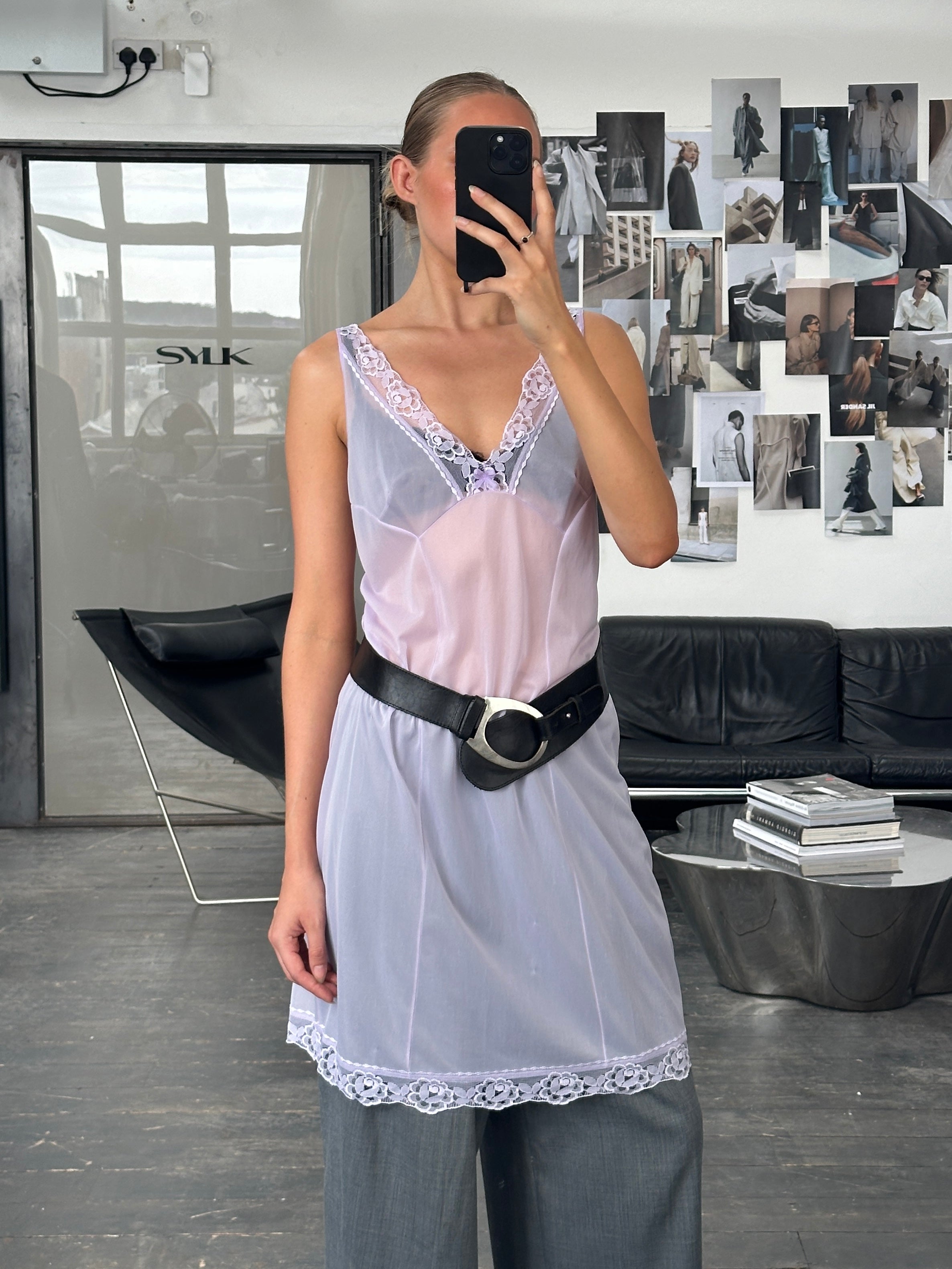 Vintage 2000s lace sheer midi slip dress in size large, featuring delicate lace details and a vintage-inspired design.