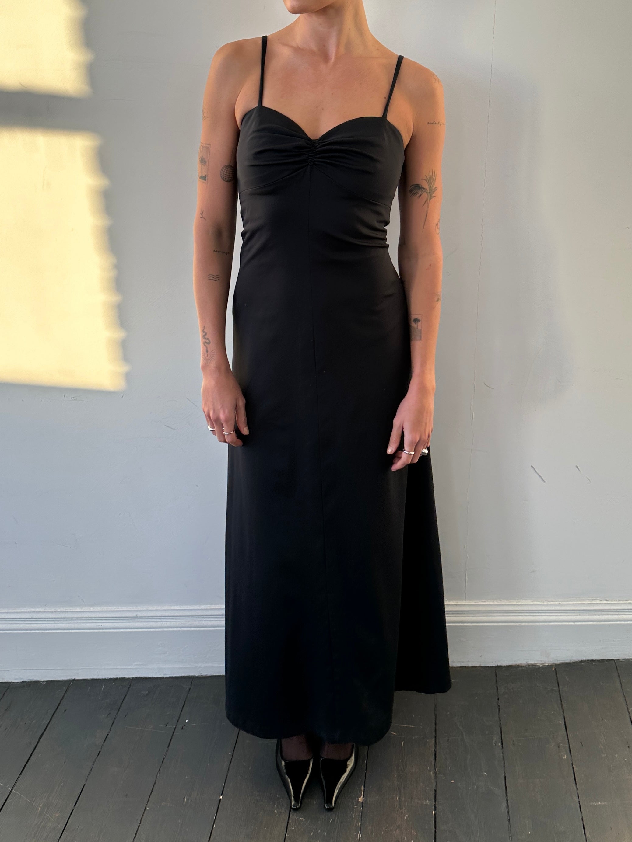 Vintage floor length fitted cami dress in S/M, featuring a vintage-inspired design and elegant silhouette.