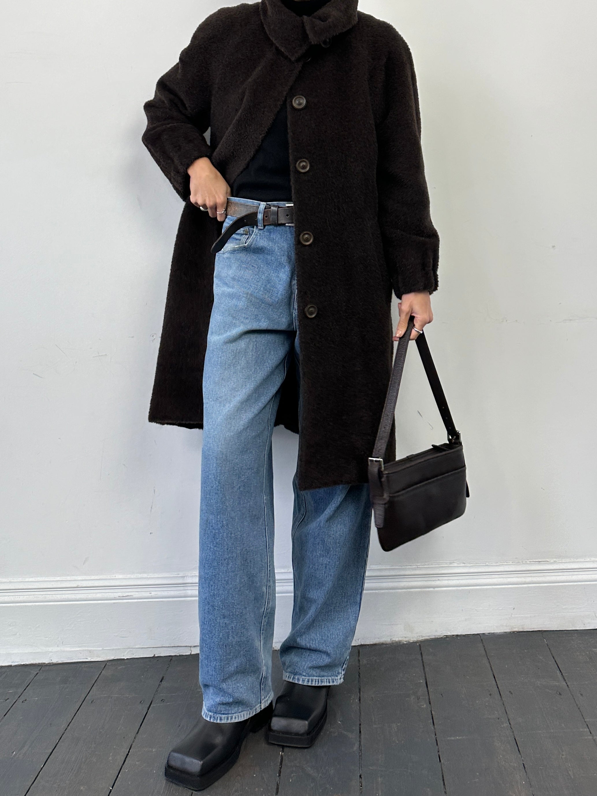 Vintage Italian wool mohair teddy coat with concealed placket, in size M, showcasing a cozy, textured outerwear piece.